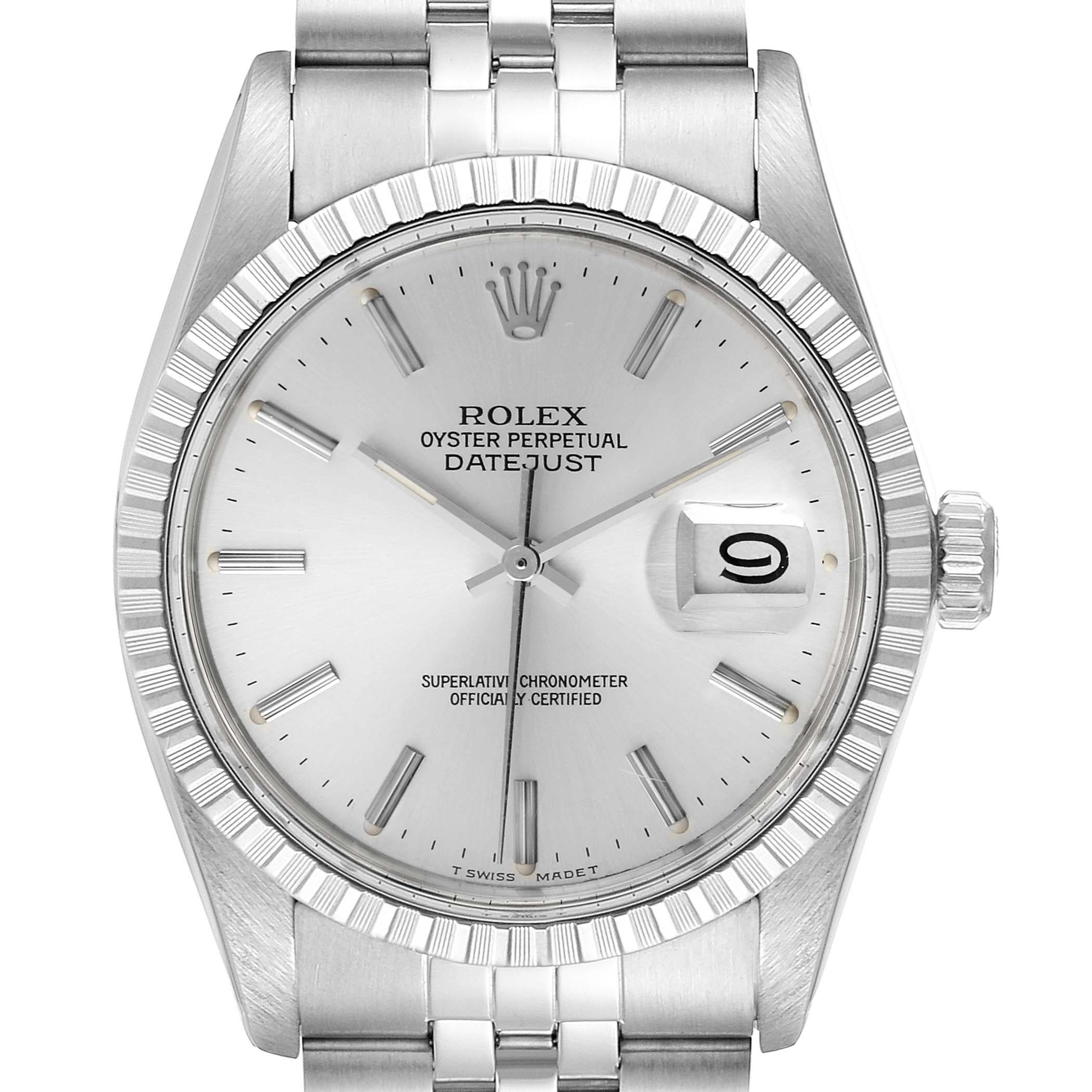 The image shows a frontal view of the Rolex Vintage Collection 16030 Men
s Stainless Steel Silver Dial 16030 Men
s Stainless Steel Silver Dial Datejust watch, displaying the dial, bezel, bracelet, and crown.