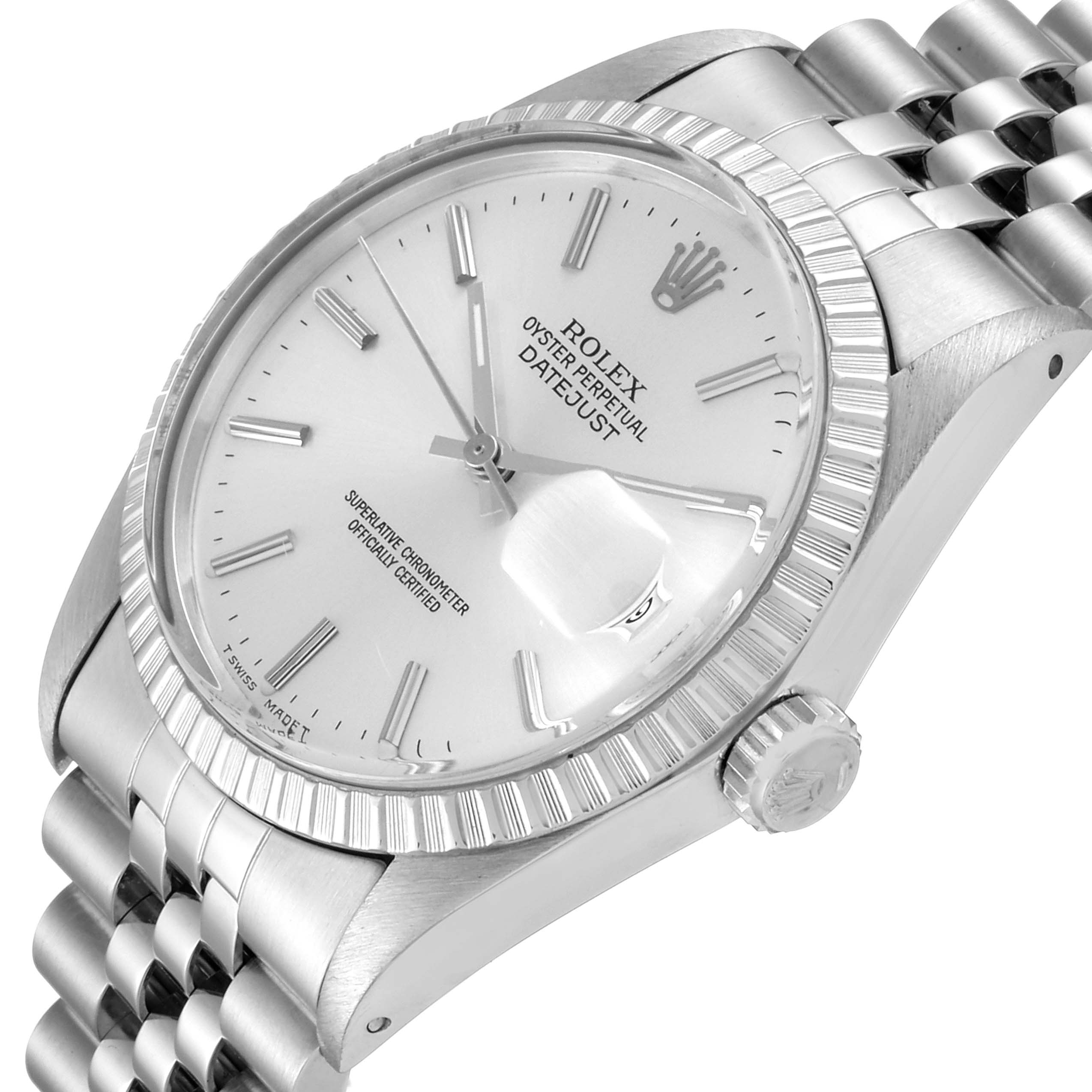 The image shows the Rolex Vintage Collection 16030 Men
s Stainless Steel Silver Dial 16030 Men
s Stainless Steel Silver Dial watch model Datejust at an angled view, highlighting parts such as the dial, bezel, crown, and bracelet.