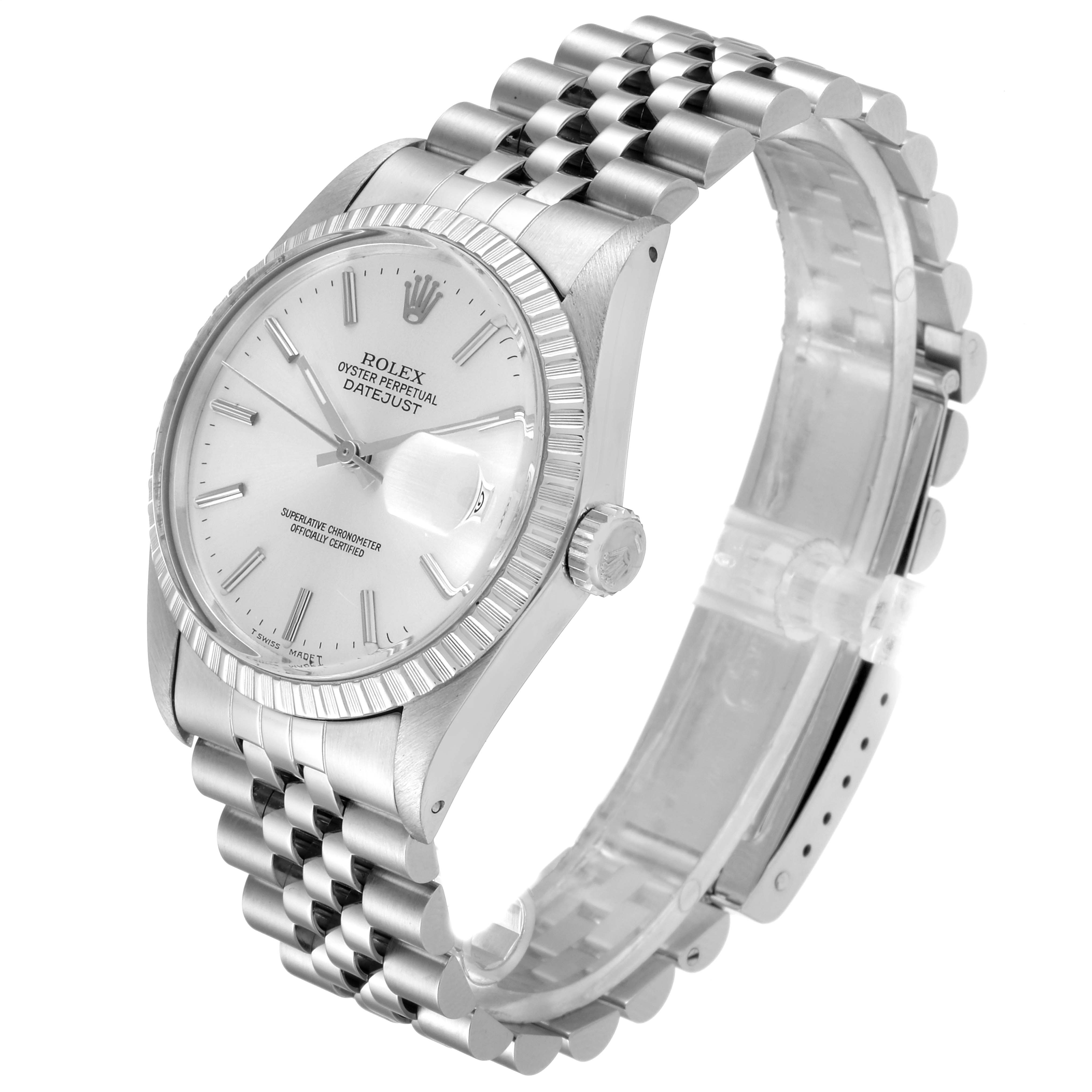 This image shows a Rolex Vintage Collection 16030 Men
s Stainless Steel Silver Dial 16030 Men
s Stainless Steel Silver Dial Oyster Perpetual Datejust watch at an oblique angle highlighting the dial, case, and bracelet.