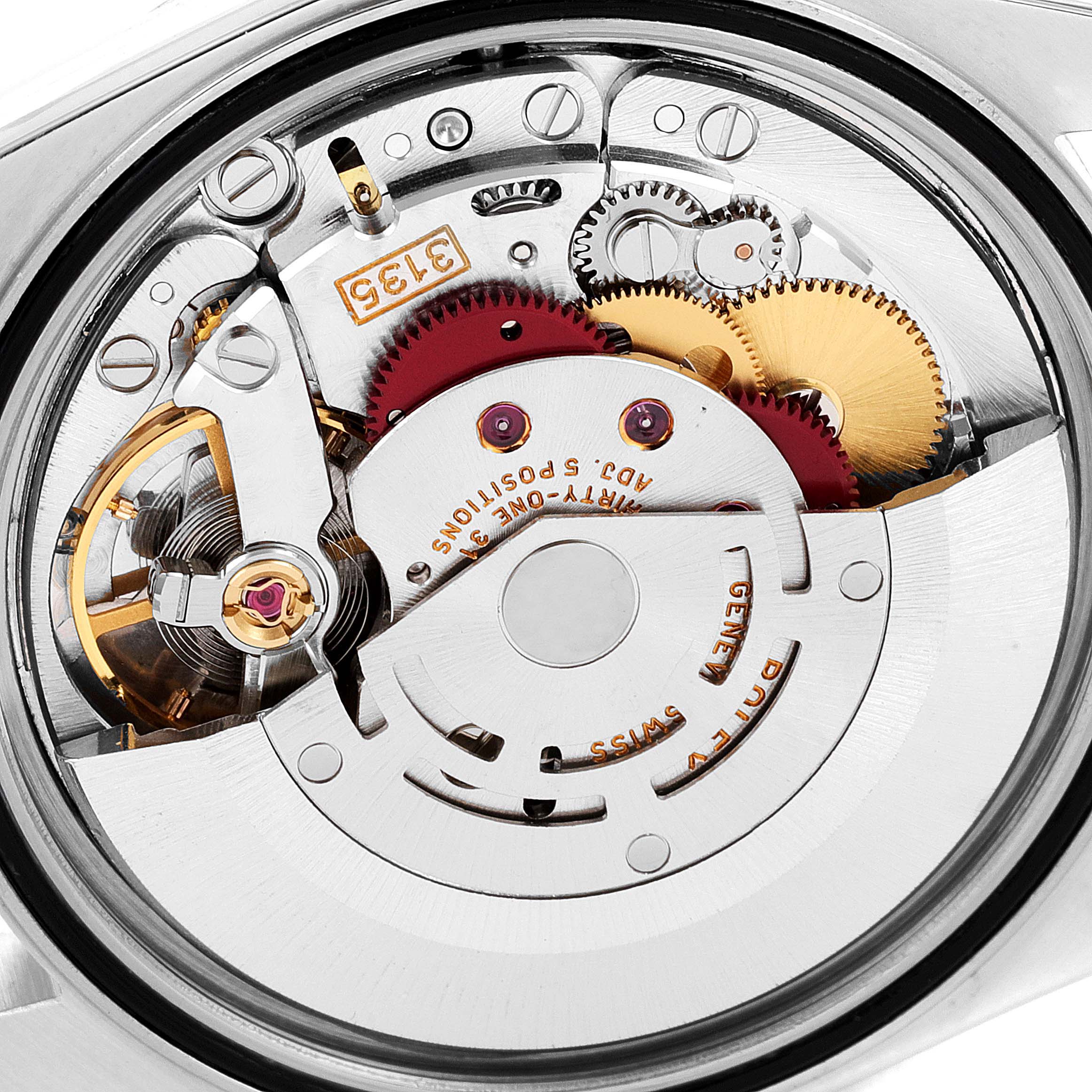 This image shows the internal movement components of a Rolex Datejust 16233 Men's Steel and Gold (two tone) Blue Dial 16233 Men's Steel and Gold (two tone) Blue Dial watch from a close-up angle.