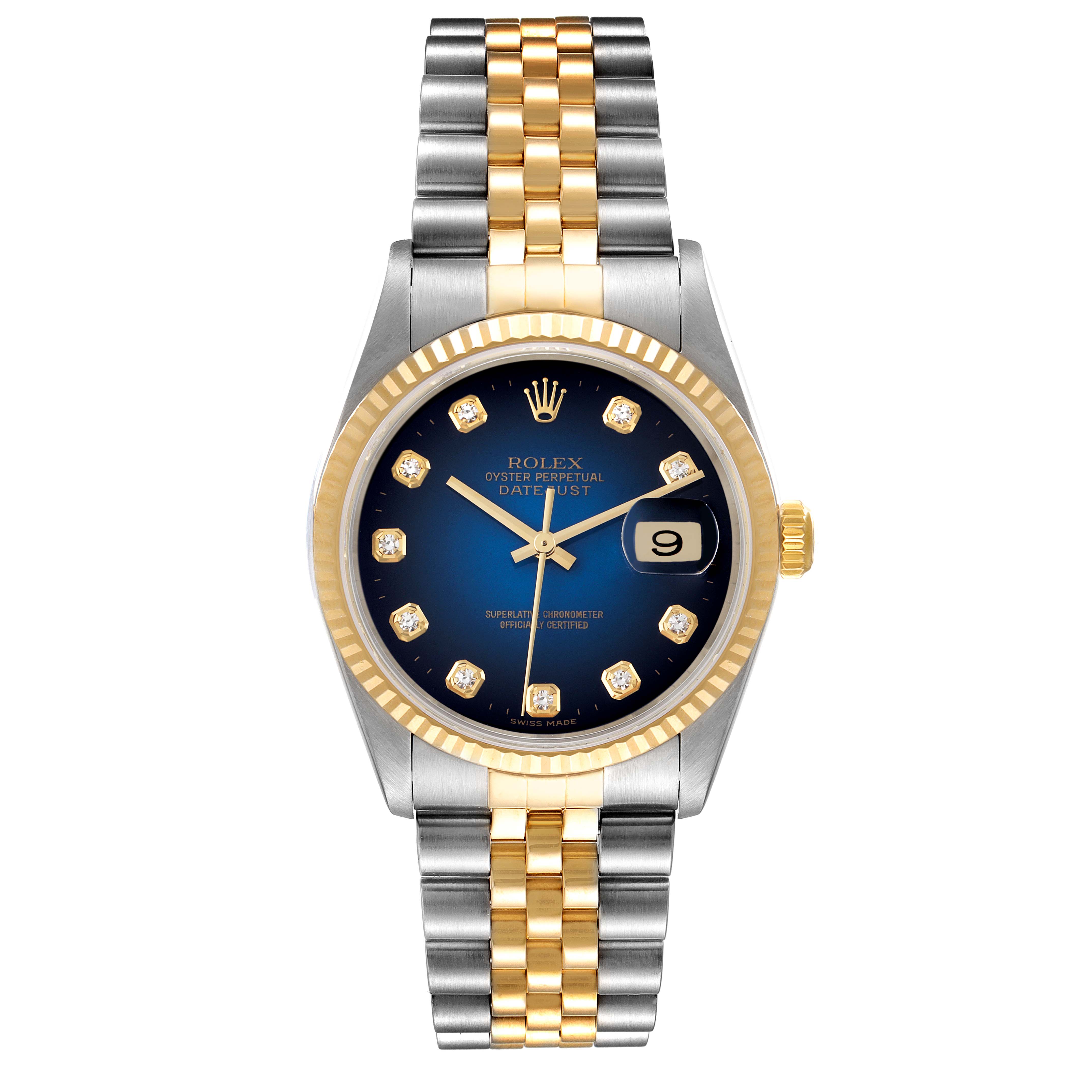 The image shows a Rolex Datejust 16233 Men's Steel and Gold (two tone) Blue Dial 16233 Men's Steel and Gold (two tone) Blue Dial watch from a front angle, highlighting the dial, bezel, and two-tone bracelet.