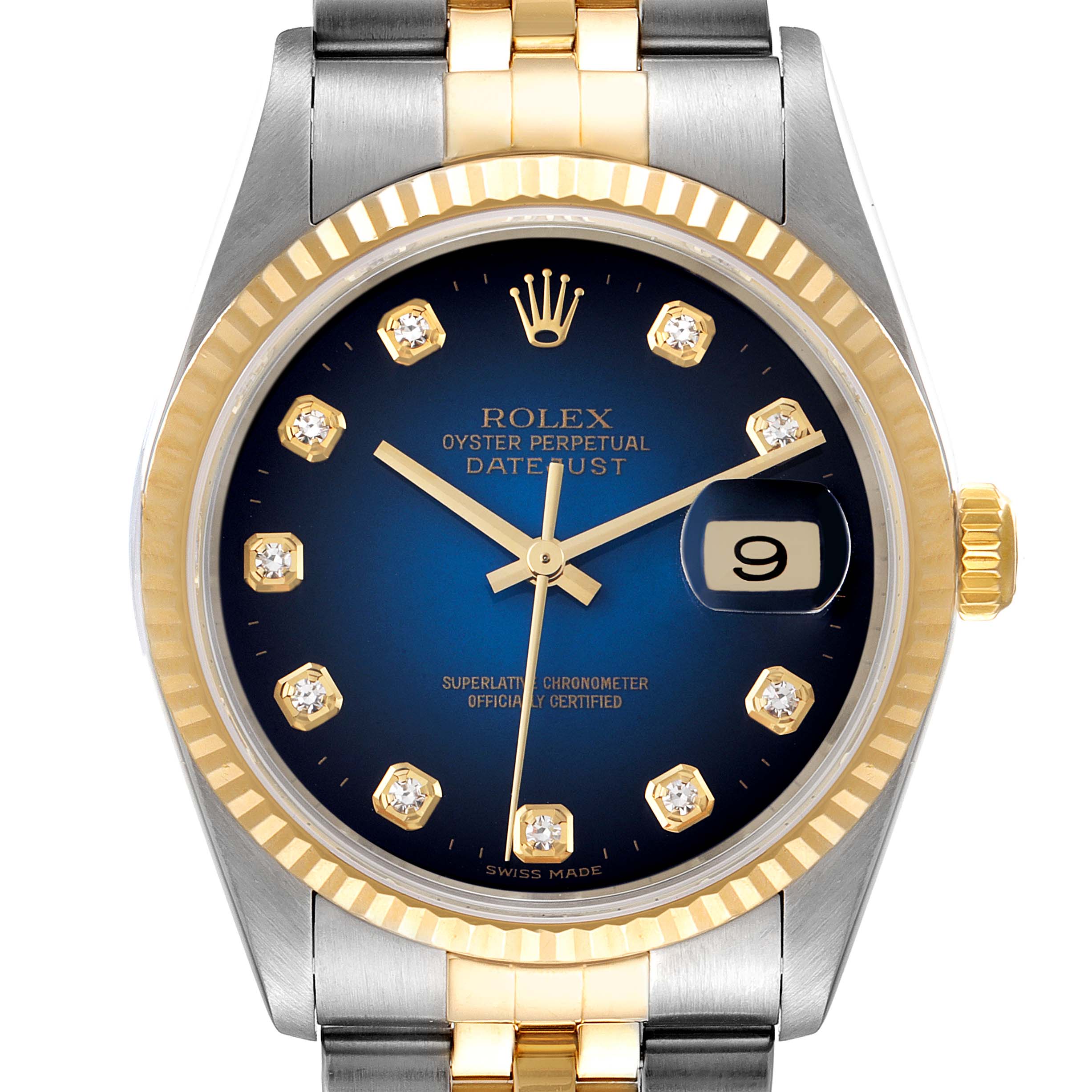 This is a head-on view of a Rolex Datejust 16233 Men's Steel and Gold (two tone) Blue Dial 16233 Men's Steel and Gold (two tone) Blue Dial watch displaying the dial, bezel, crown, and part of the bracelet.