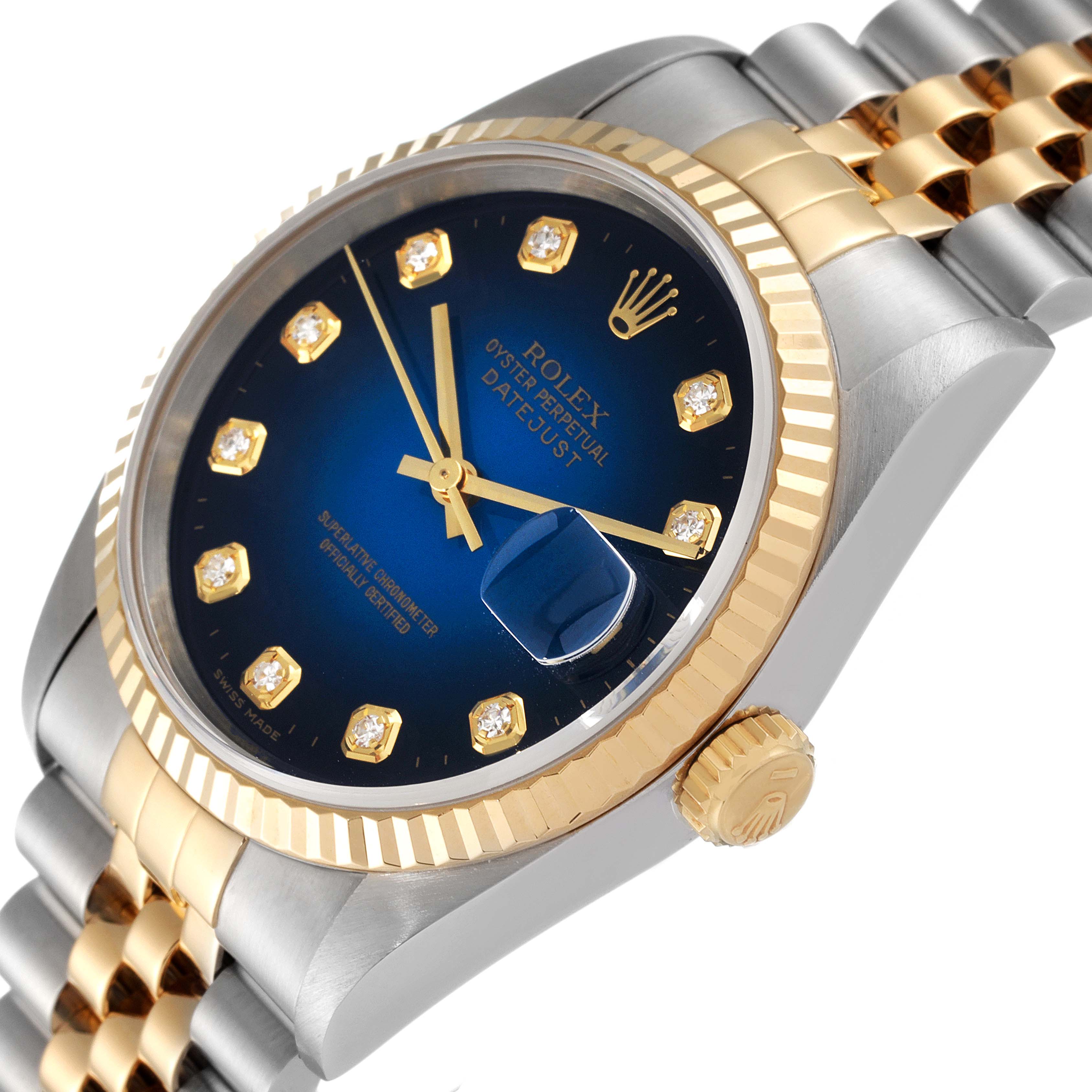 The Rolex Datejust 16233 Men's Steel and Gold (two tone) Blue Dial 16233 Men's Steel and Gold (two tone) Blue Dial watch is shown at an angled close-up displaying the dial, bezel, crown, and part of the bracelet.
