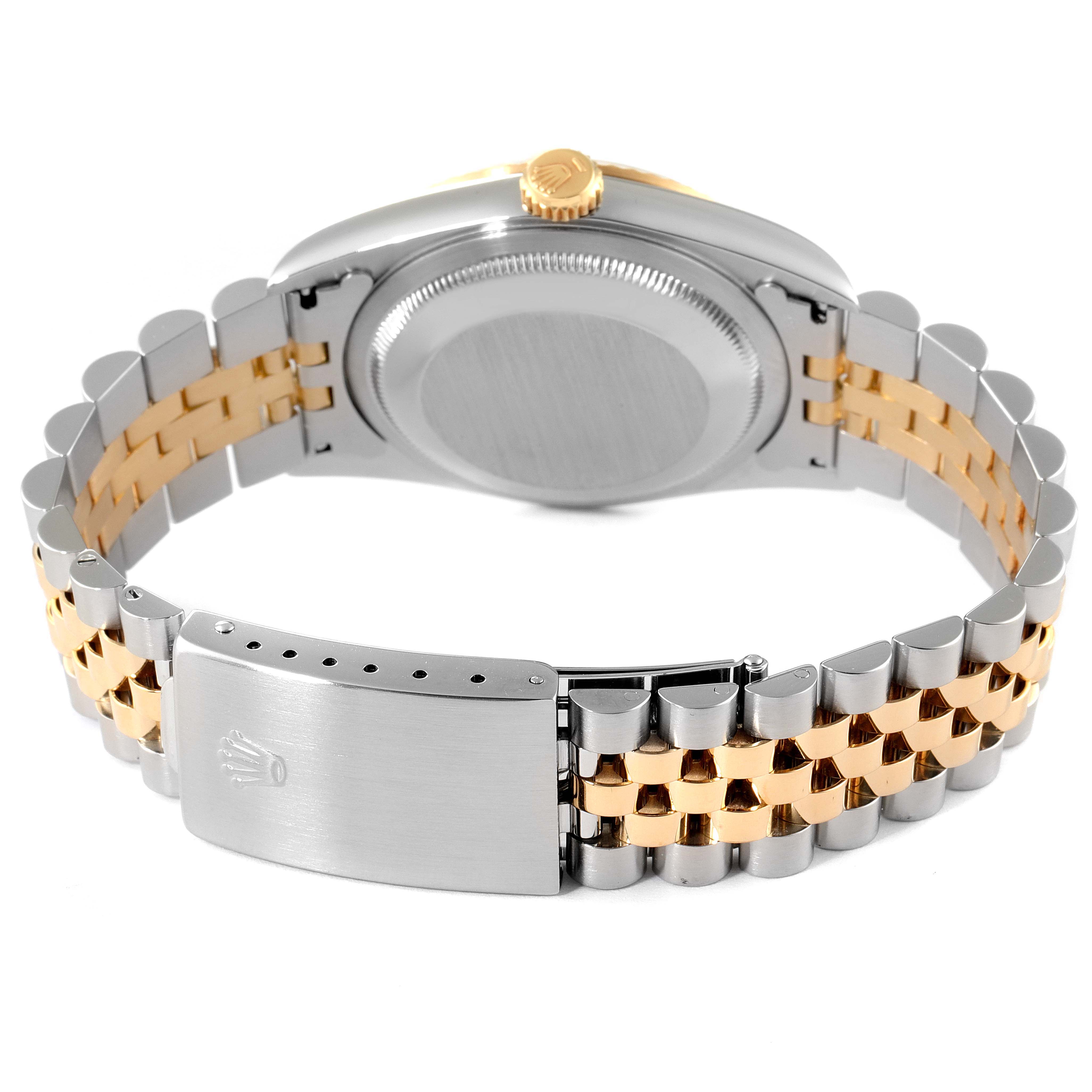 This image shows the back and bracelet of a Rolex Datejust 16233 Men's Steel and Gold (two tone) Blue Dial 16233 Men's Steel and Gold (two tone) Blue Dial watch with a two-tone metal design.