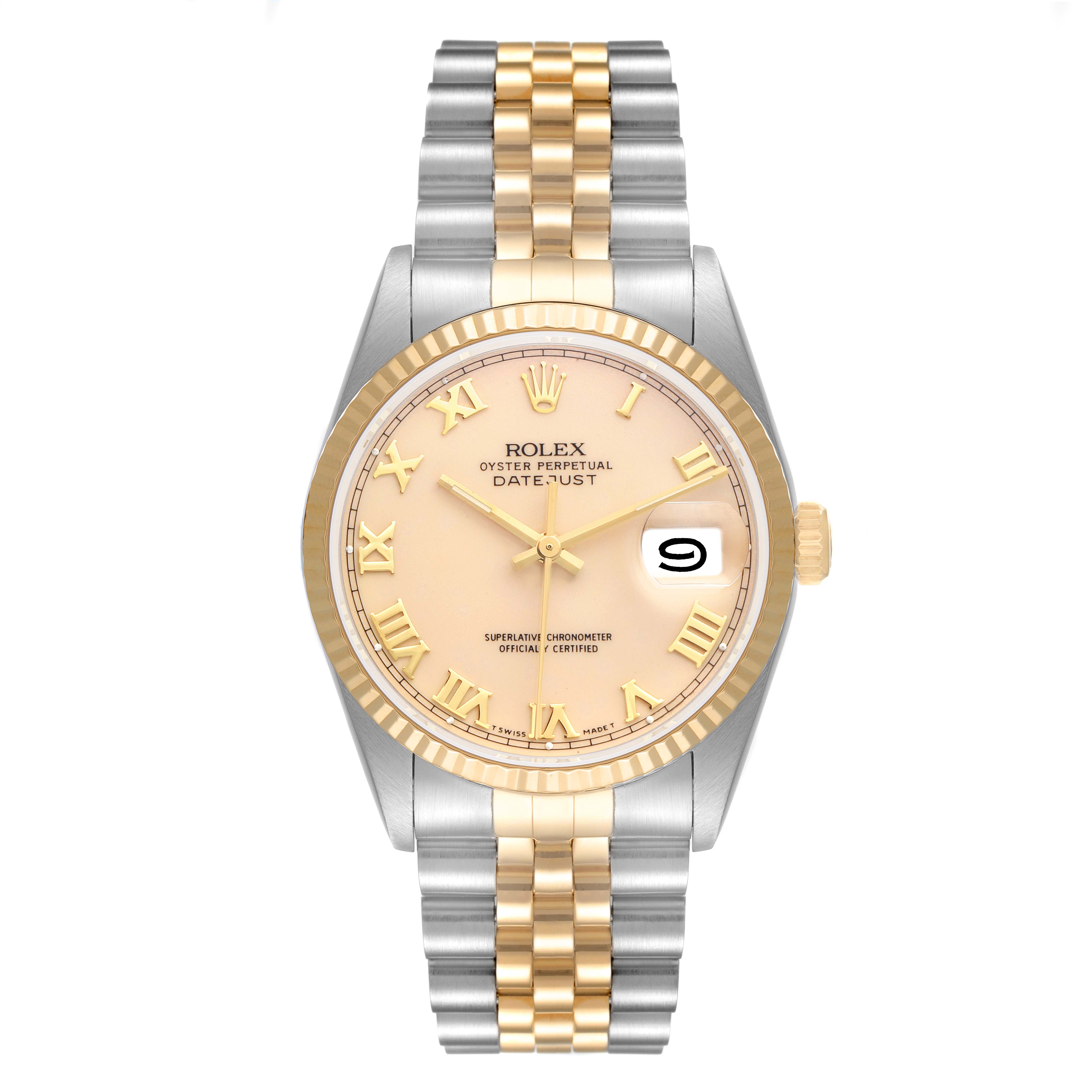 This image shows a front view of the Rolex Datejust 16233 Men's Steel and Gold (two tone) Beige Dial 16233 Men's Steel and Gold (two tone) Beige Dial watch featuring a two-tone bracelet, gold bezel, and champagne dial.