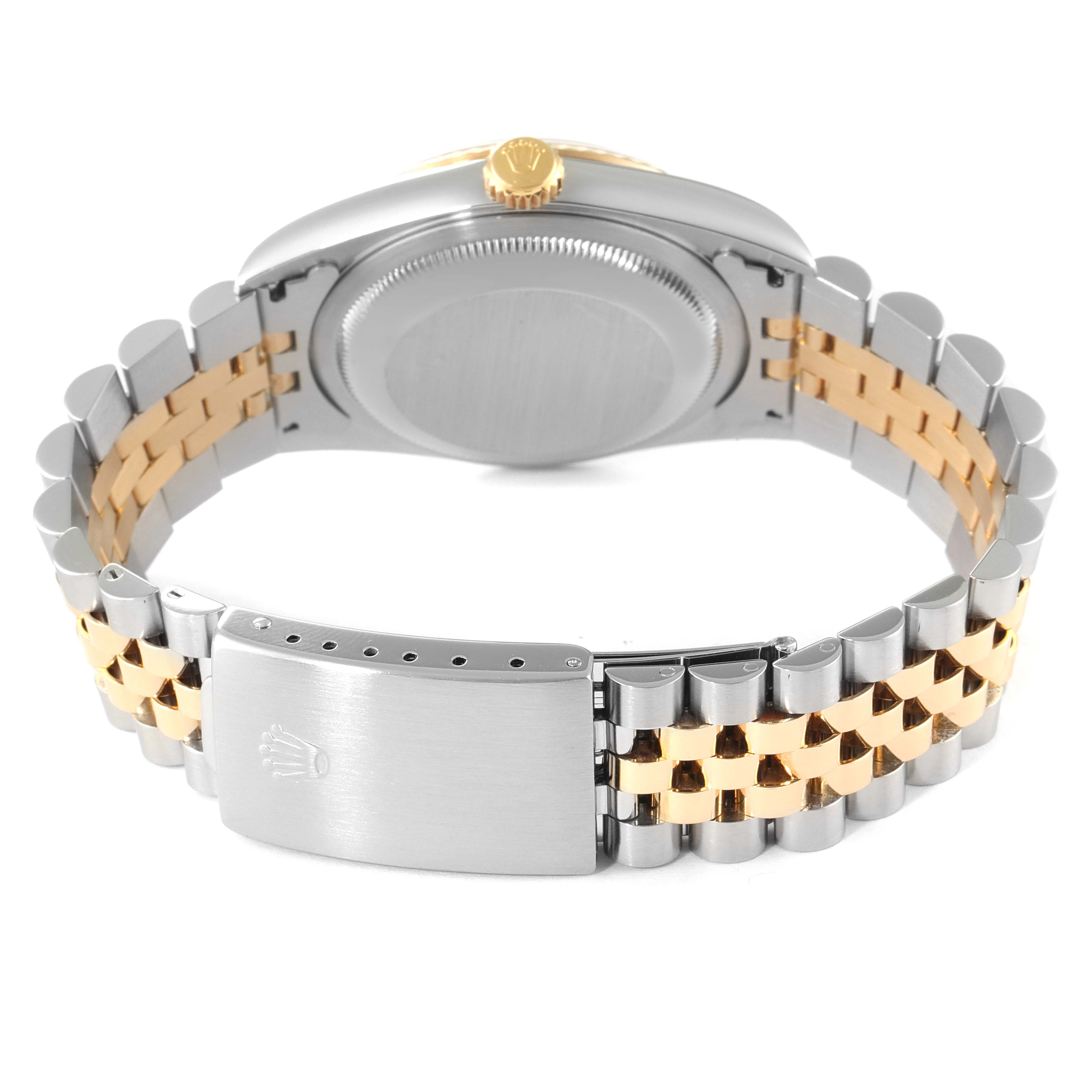 This image shows the back view of a Rolex Datejust 16233 Men's Steel and Gold (two tone) Beige Dial 16233 Men's Steel and Gold (two tone) Beige Dial watch, highlighting the case back, crown, and two-tone metal bracelet with clasp.