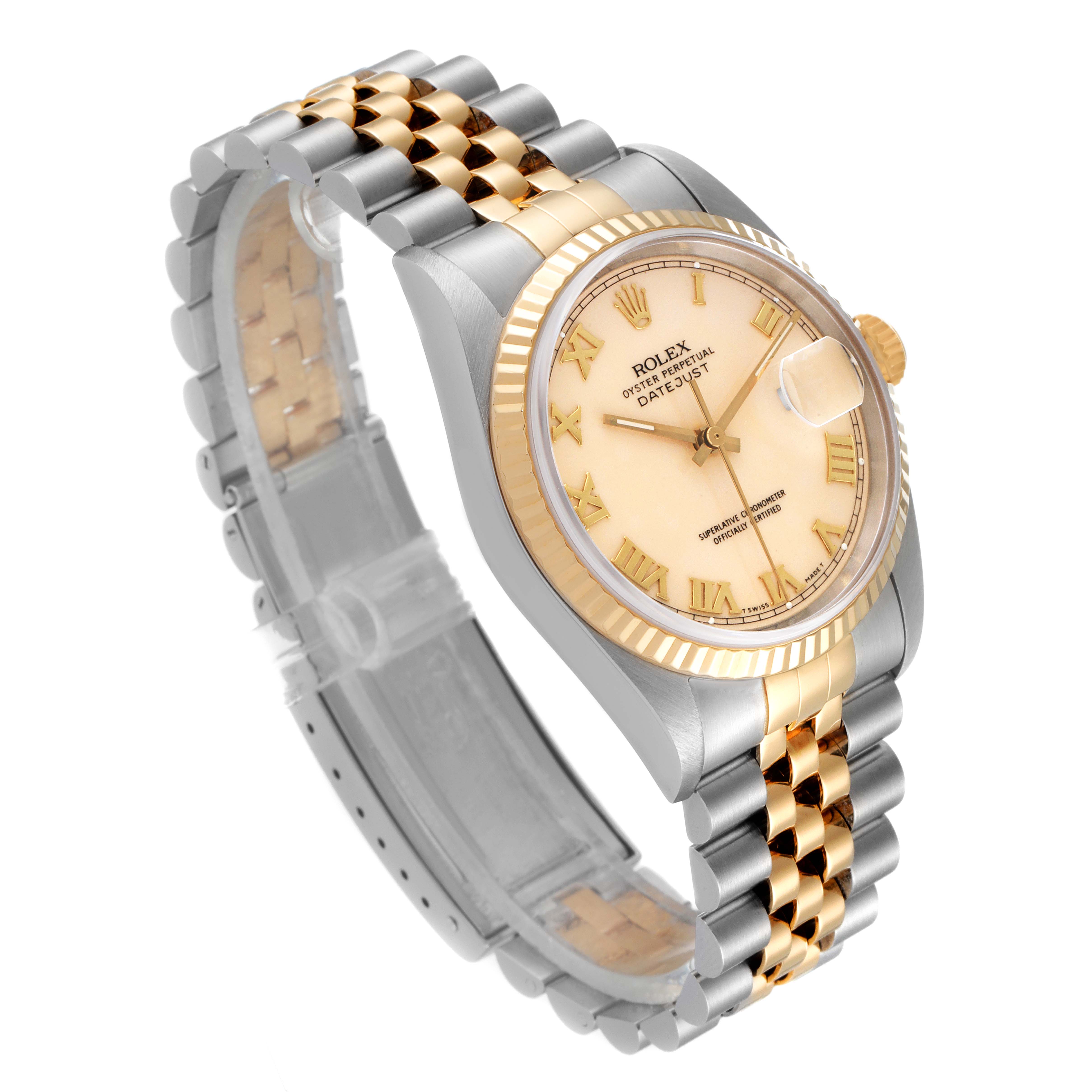 The Rolex Datejust 16233 Men's Steel and Gold (two tone) Beige Dial 16233 Men's Steel and Gold (two tone) Beige Dial watch is shown from a side-angle, highlighting the dial, fluted bezel, and two-tone Jubilee bracelet.