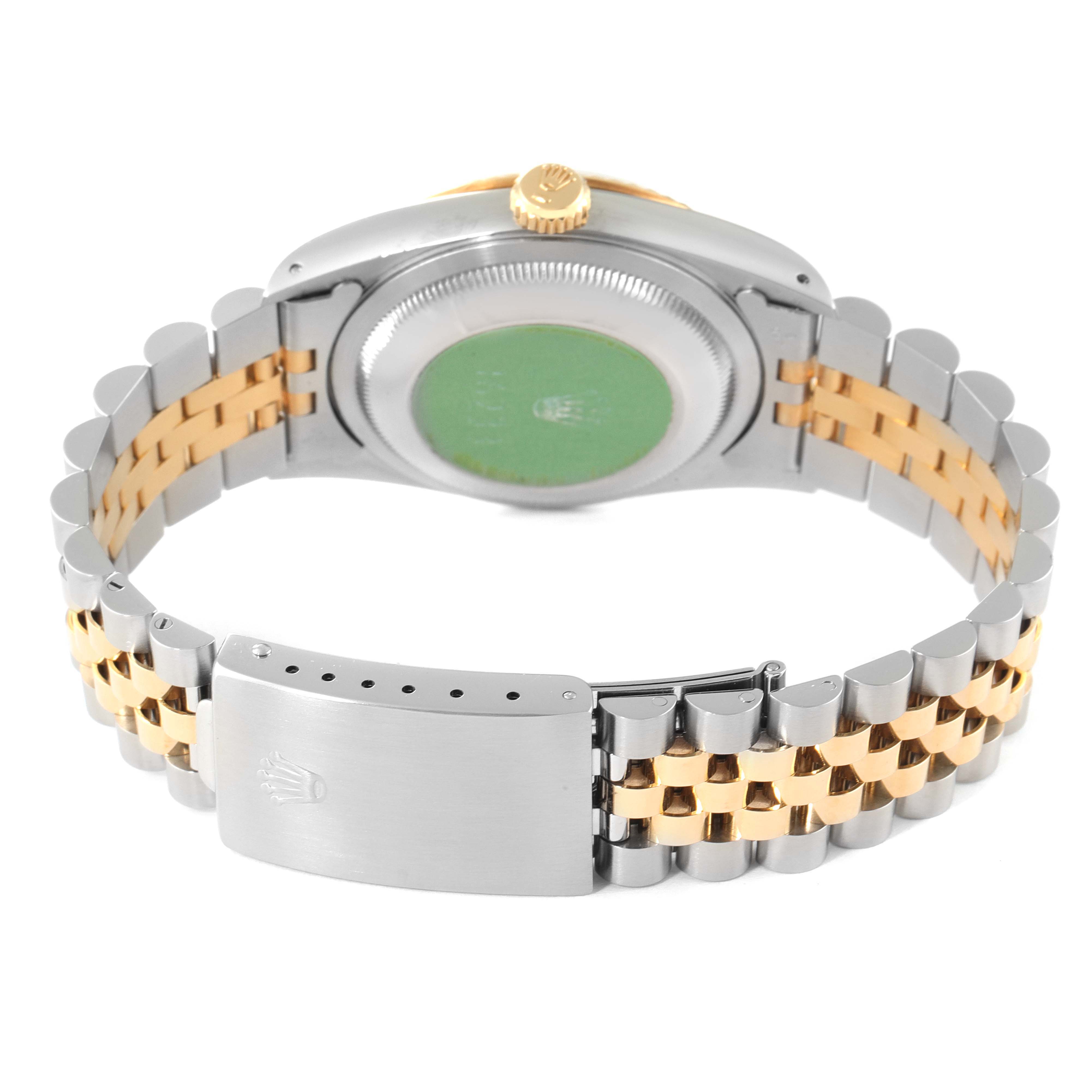 The image shows the back of a Rolex Datejust 16233 Men's Steel and Gold (two tone) White Dial 16233 Men's Steel and Gold (two tone) White Dial watch, highlighting the case back and the Jubilee bracelet with a clasp.