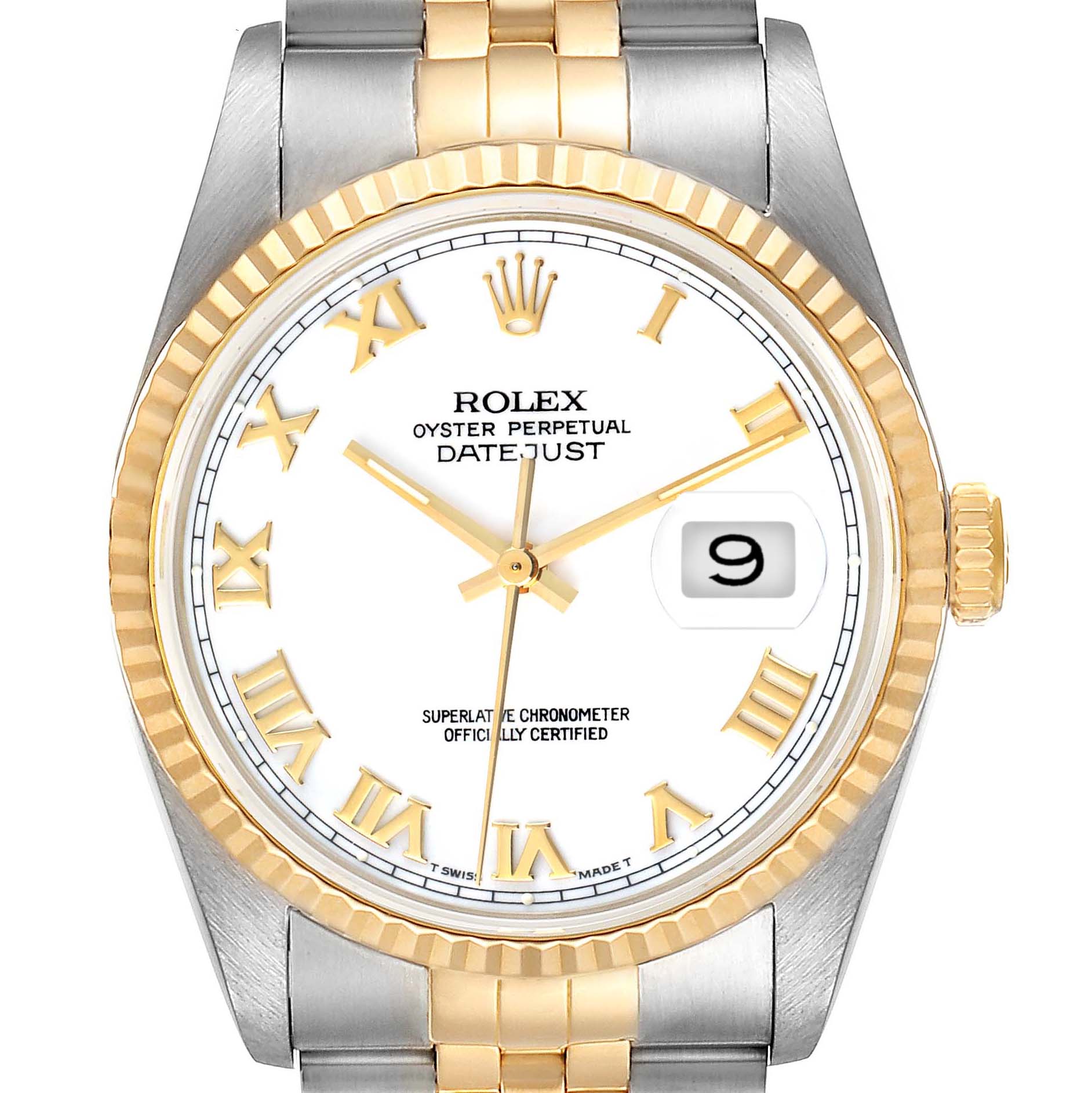 The image shows a front view of the Rolex Datejust 16233 Men's Steel and Gold (two tone) White Dial 16233 Men's Steel and Gold (two tone) White Dial watch, highlighting its dial, fluted bezel, and part of the bracelet.