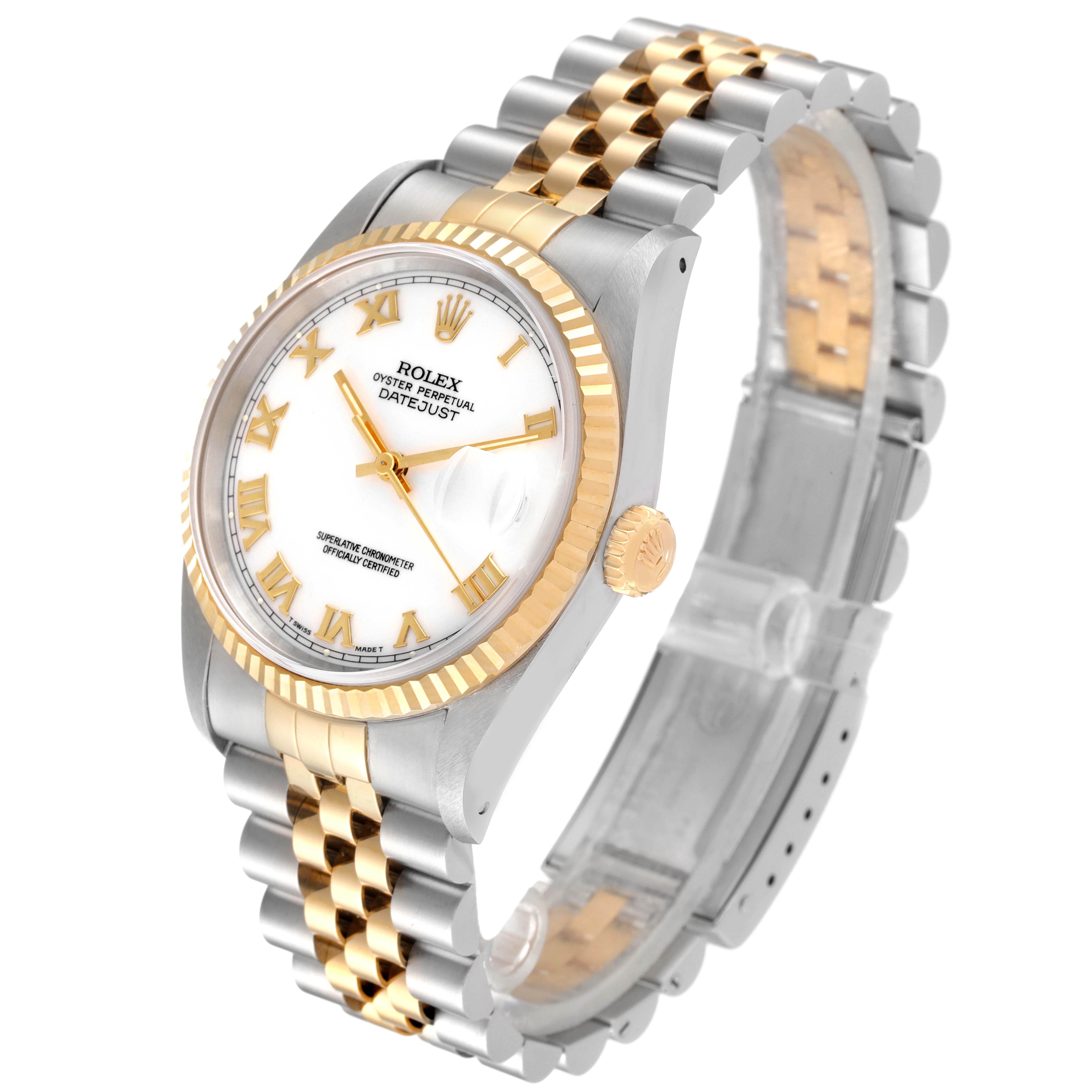 The image shows a Rolex Datejust 16233 Men's Steel and Gold (two tone) White Dial 16233 Men's Steel and Gold (two tone) White Dial watch at a three-quarter angle highlighting the face, bezel, and two-tone bracelet.
