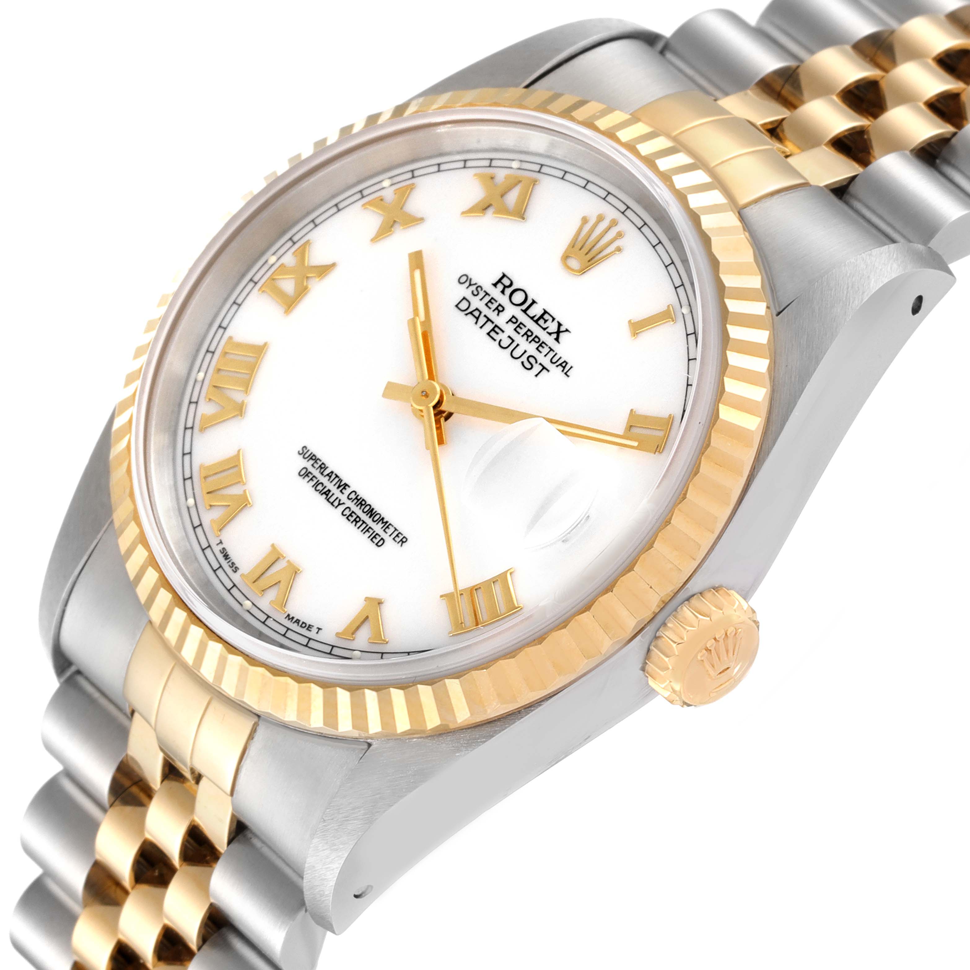 This image shows a Rolex Datejust 16233 Men's Steel and Gold (two tone) White Dial 16233 Men's Steel and Gold (two tone) White Dial watch from an angled view, displaying its dial, bezel, crown, and bracelet.