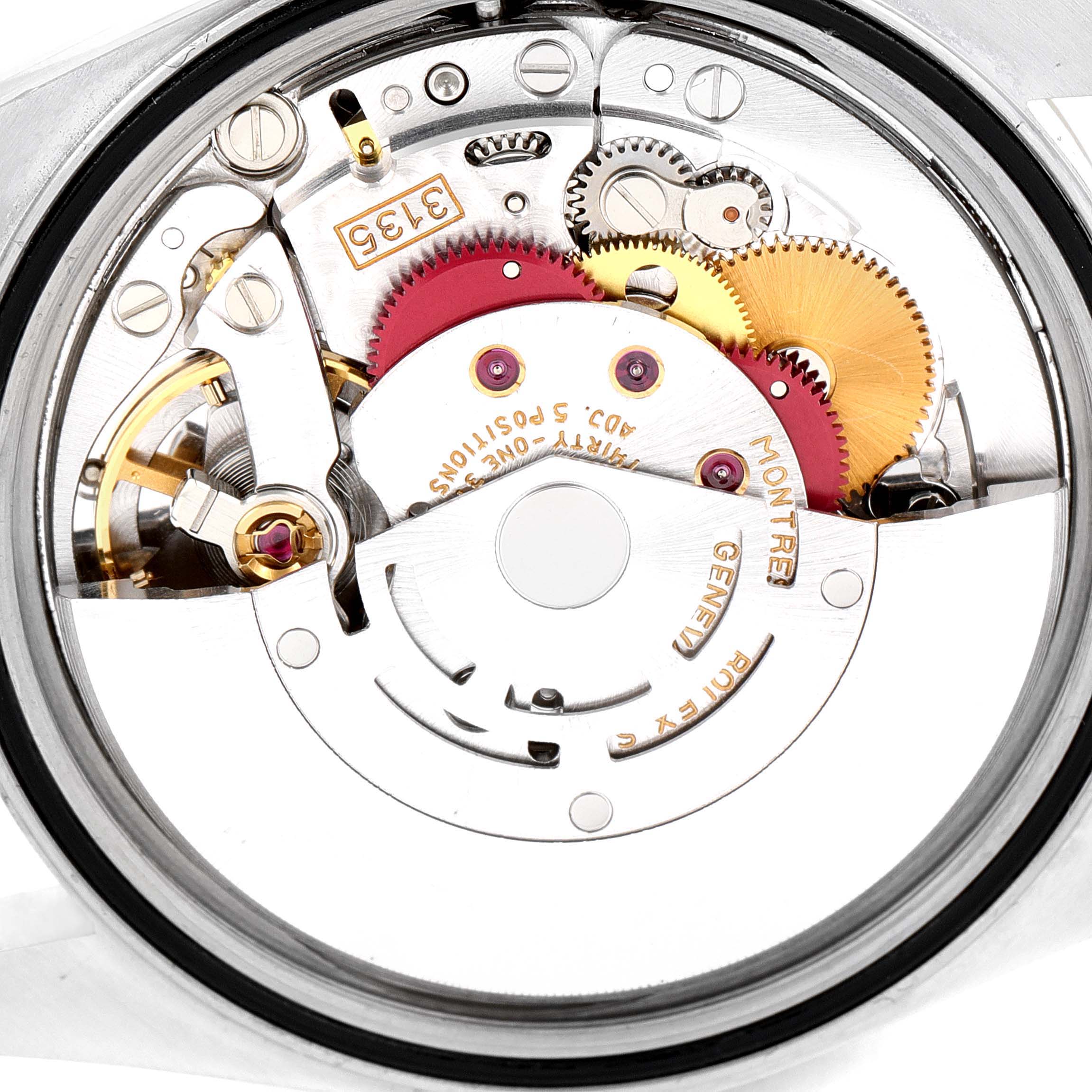 The image shows a close-up of the movement mechanism for a Rolex Datejust 16233 Men's Steel and Gold (two tone) White Dial 16233 Men's Steel and Gold (two tone) White Dial watch viewed from the back.