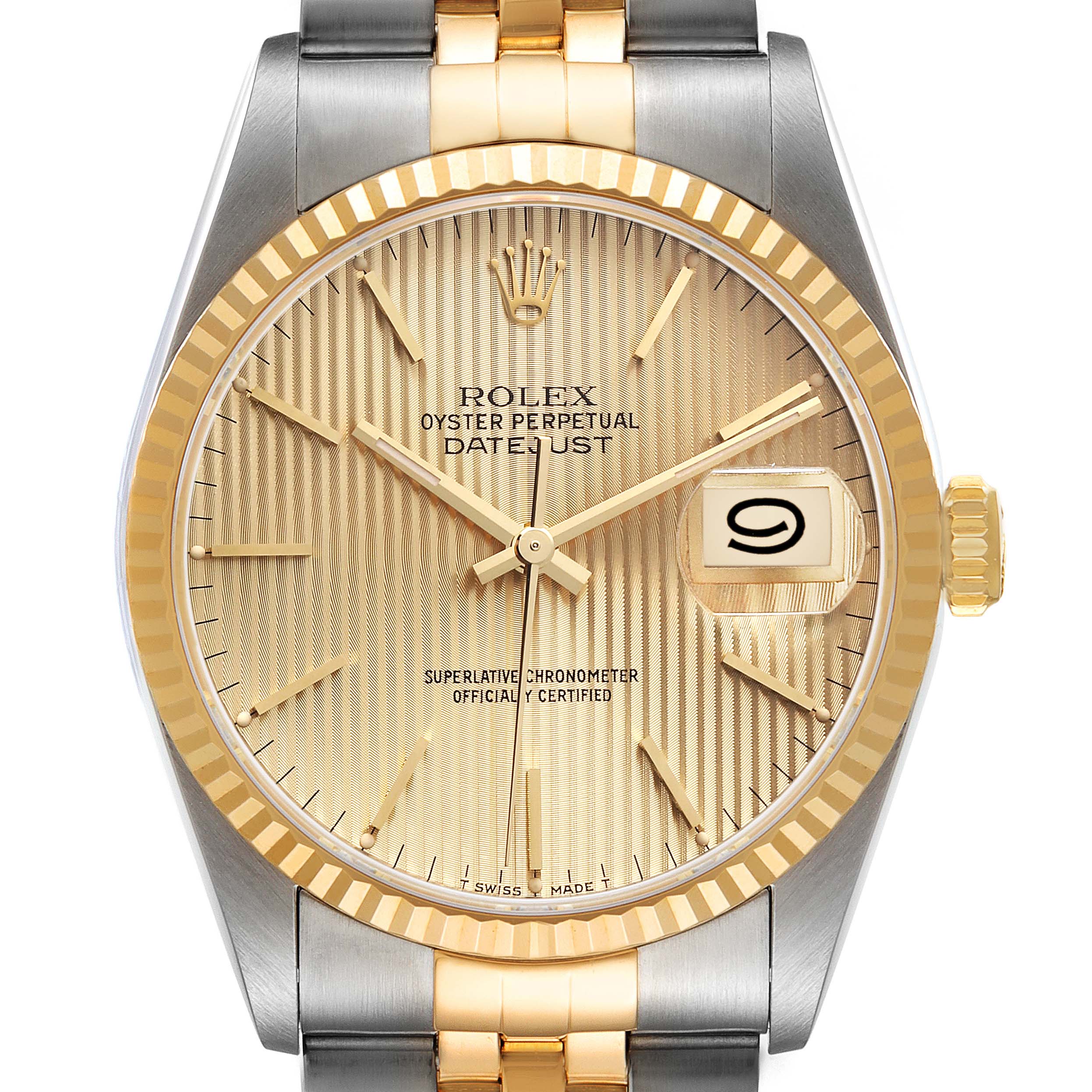 The image shows a front view of the Rolex Datejust 16233 Men's Steel and Gold (two tone) Champagne Dial 16233 Men's Steel and Gold (two tone) Champagne Dial watch, highlighting its dial, hands, crown, and parts of its bracelet.