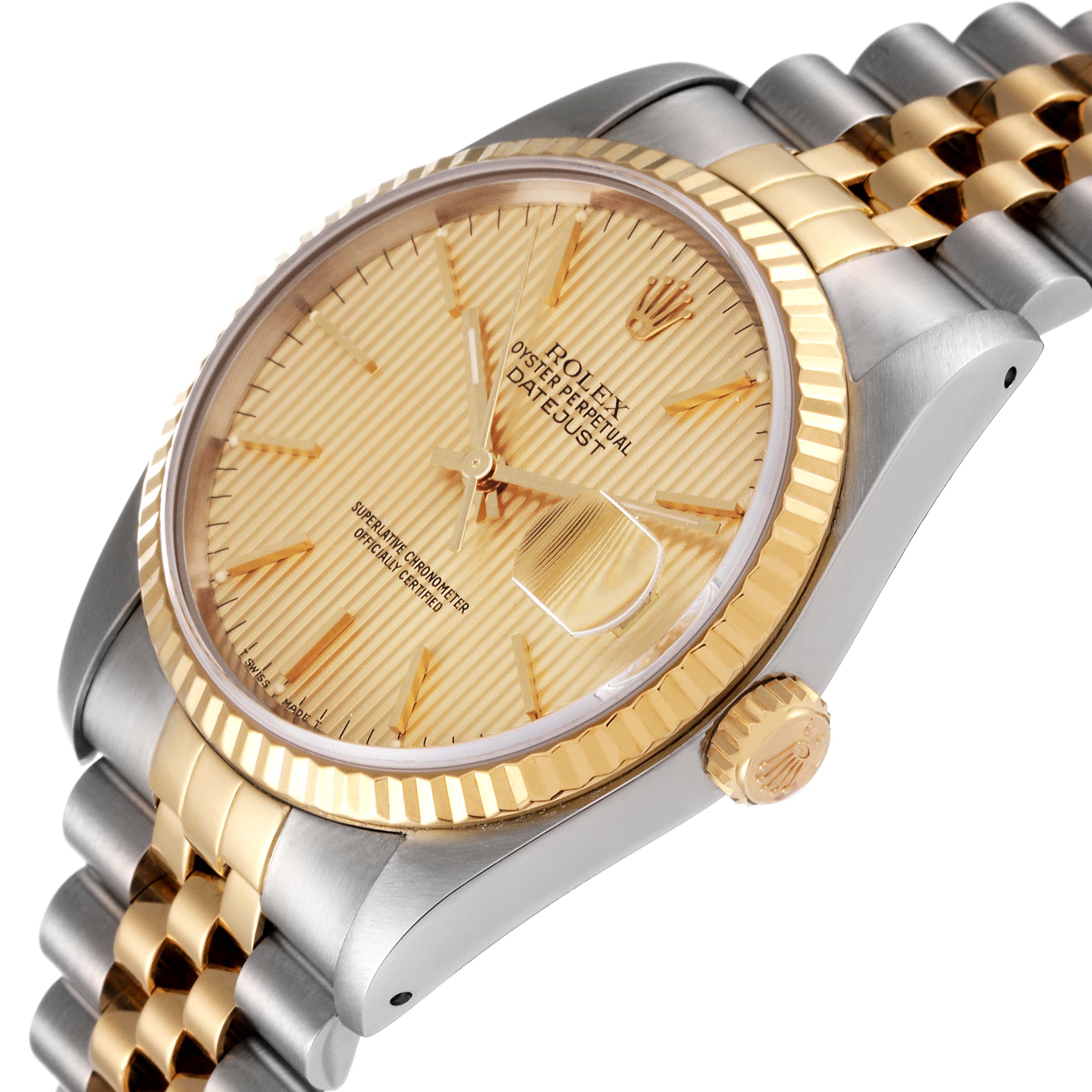 The image shows an angled view of the Rolex Datejust 16233 Men's Steel and Gold (two tone) Champagne Dial 16233 Men's Steel and Gold (two tone) Champagne Dial watch, highlighting the dial, fluted bezel, and bracelet.
