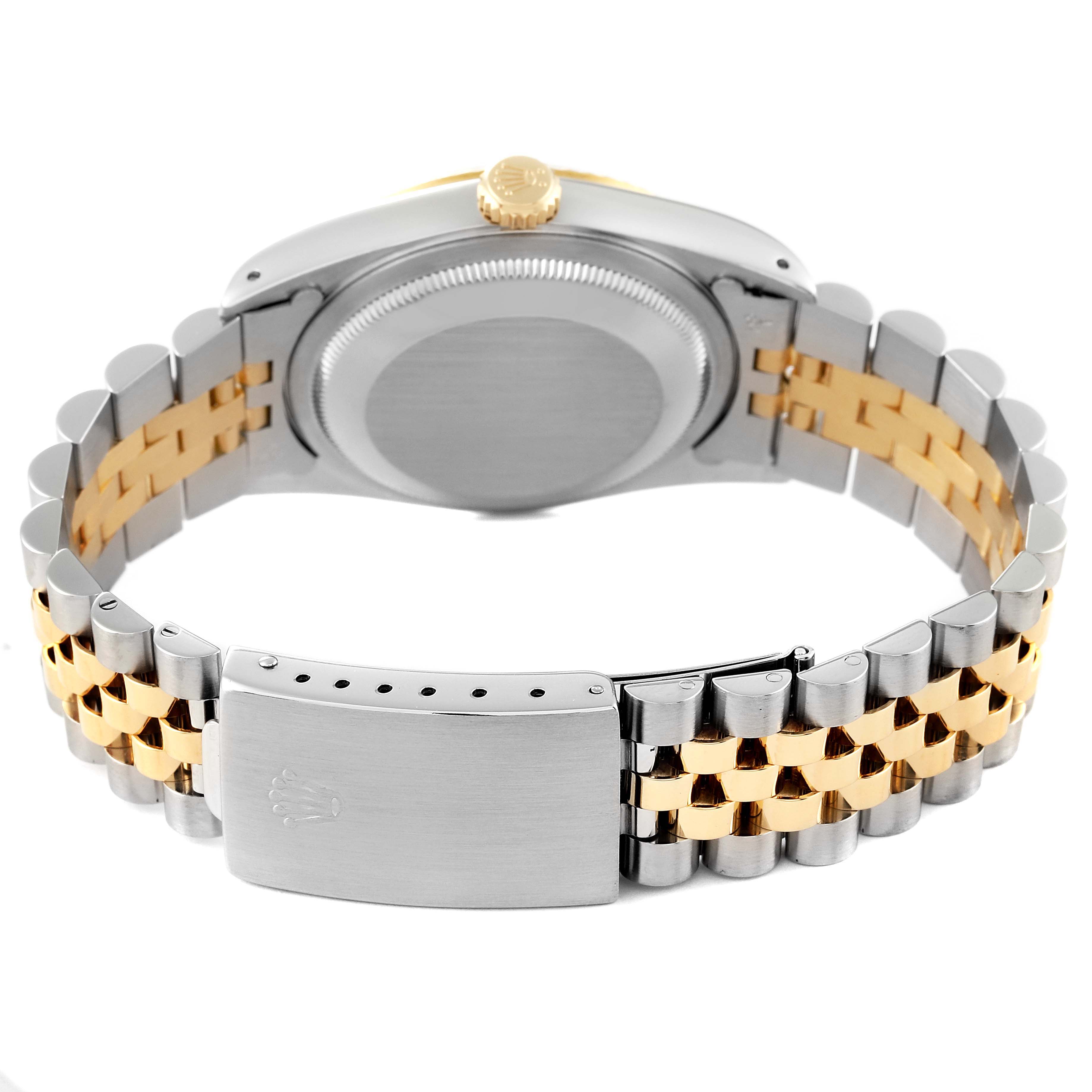 The image shows the back and clasp of a Rolex Datejust 16233 Men's Steel and Gold (two tone) Champagne Dial 16233 Men's Steel and Gold (two tone) Champagne Dial, focusing on the two-tone bracelet and case back.