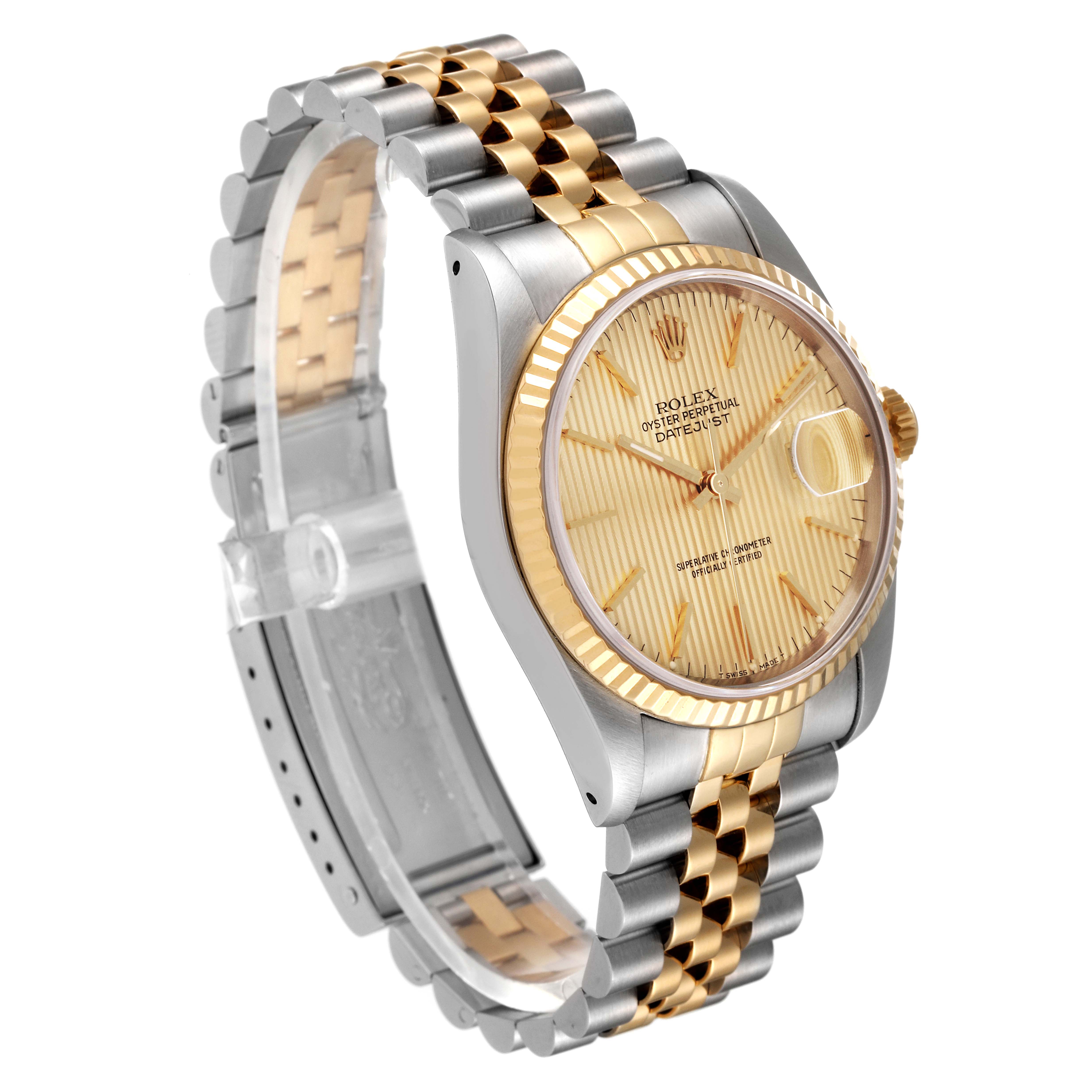 The image shows a Rolex Datejust 16233 Men's Steel and Gold (two tone) Champagne Dial 16233 Men's Steel and Gold (two tone) Champagne Dial watch at a three-quarter angle, highlighting its gold and silver bracelet and fluted bezel.