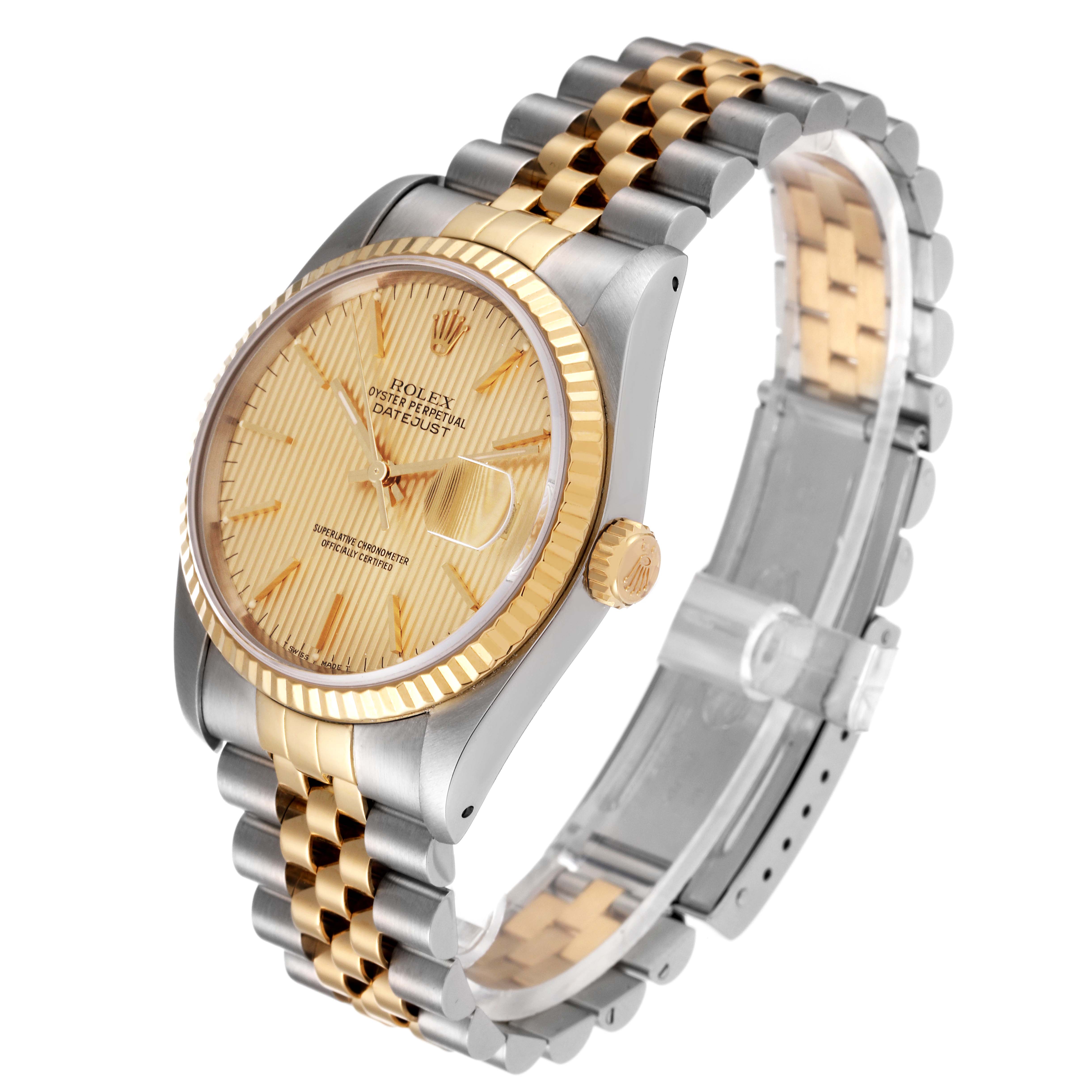 The image shows a Rolex Datejust 16233 Men's Steel and Gold (two tone) Champagne Dial 16233 Men's Steel and Gold (two tone) Champagne Dial watch at a three-quarter angle, highlighting the dial, bezel, crown, and two-tone bracelet.