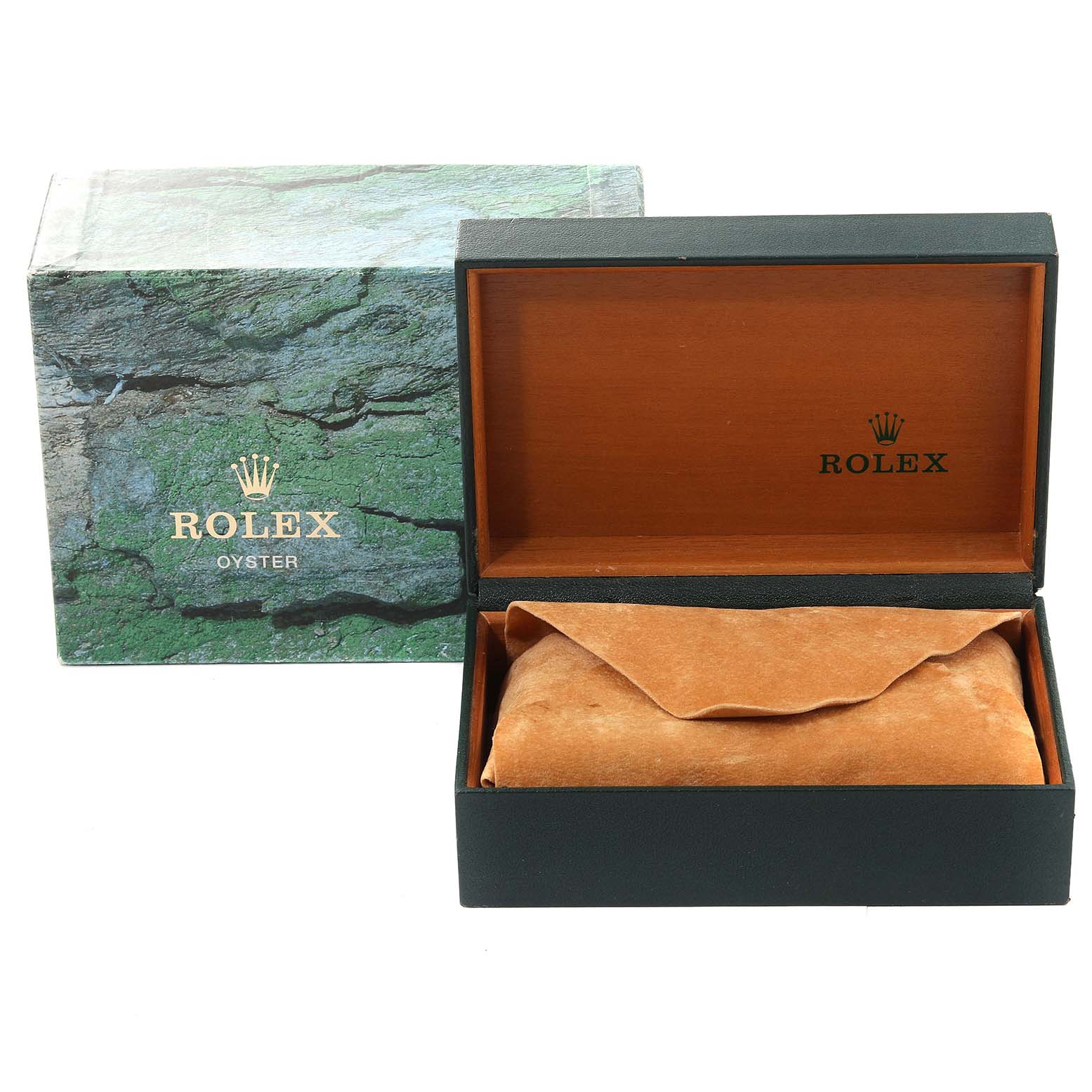 The image shows a Rolex Datejust 16233 Men's Steel and Gold (two tone) Champagne Dial 16233 Men's Steel and Gold (two tone) Champagne Dial watch box and its packaging at a straight-on angle.