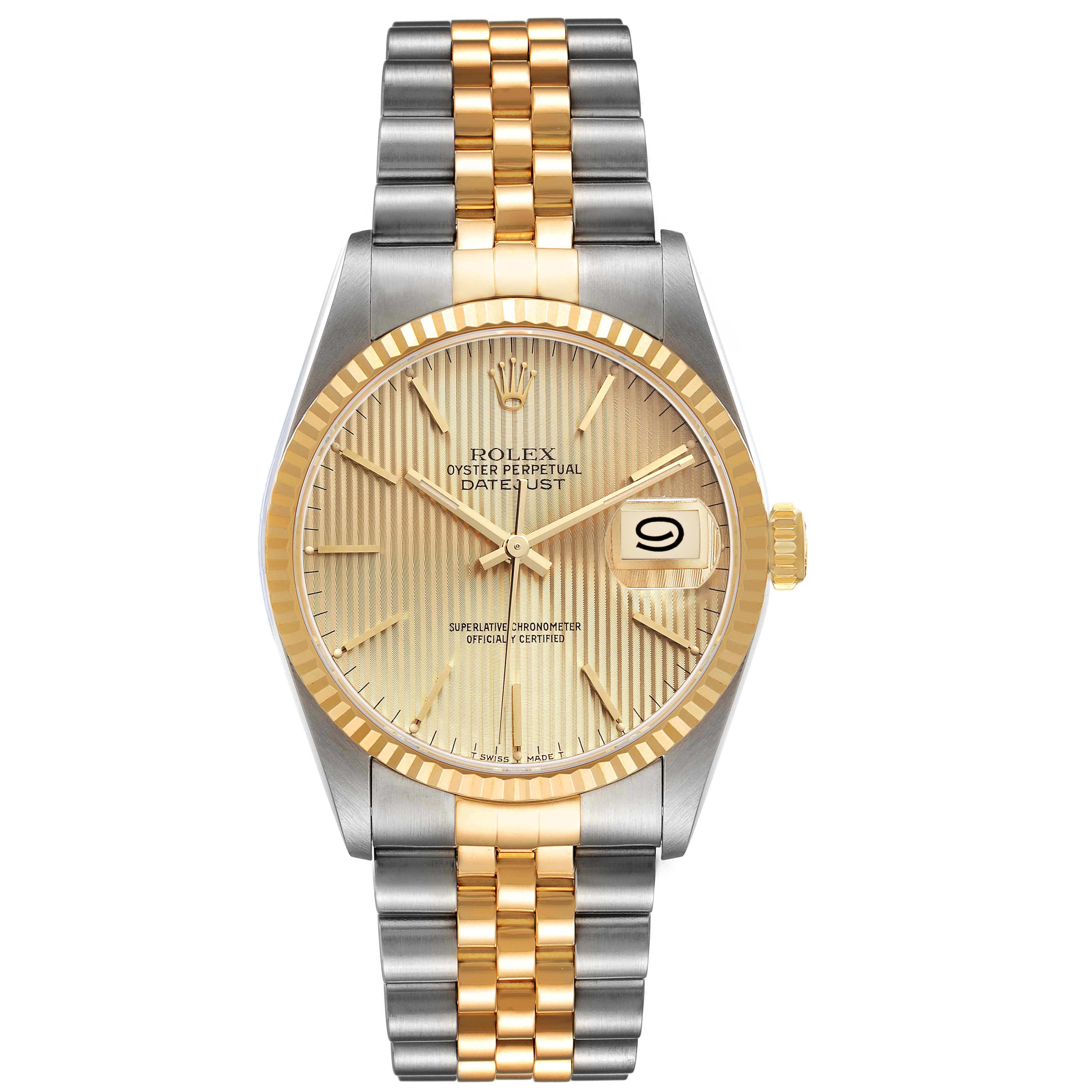 The Rolex Datejust 16233 Men's Steel and Gold (two tone) Champagne Dial 16233 Men's Steel and Gold (two tone) Champagne Dial watch is shown from a front angle, highlighting its gold dial, date complication, and two-tone bracelet.