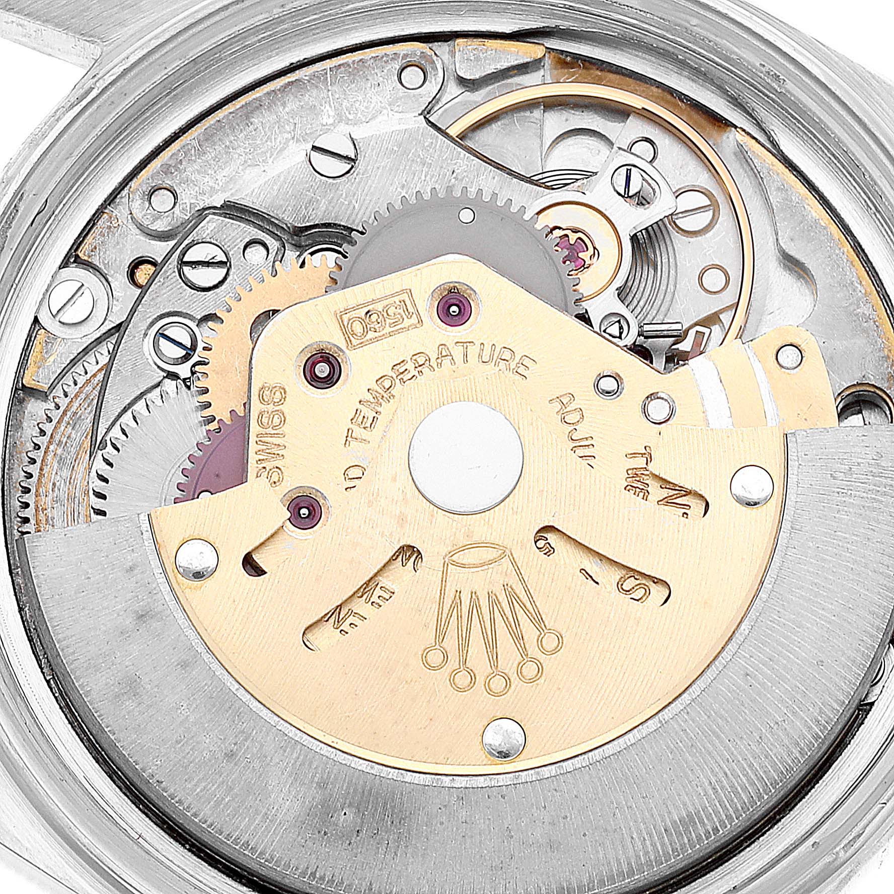 The image shows a close-up of the internal mechanical movement of the Rolex Vintage Collection 1601 Men's Stainless Steel Black Dial 1601 Men's Stainless Steel Black Dial model watch.