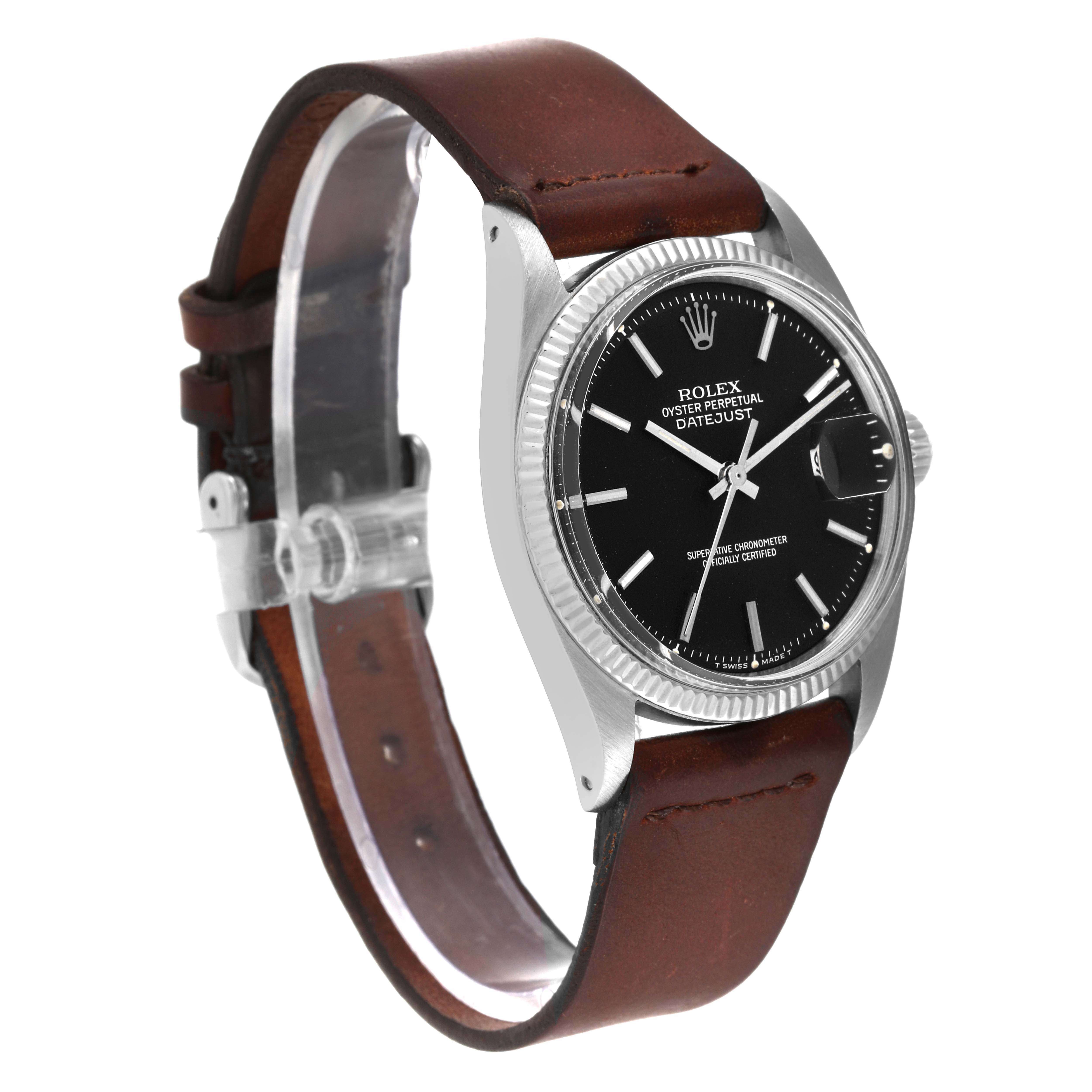 The image shows a side view of the Rolex Vintage Collection 1601 Men's Stainless Steel Black Dial 1601 Men's Stainless Steel Black Dial model with a black dial and brown leather strap.