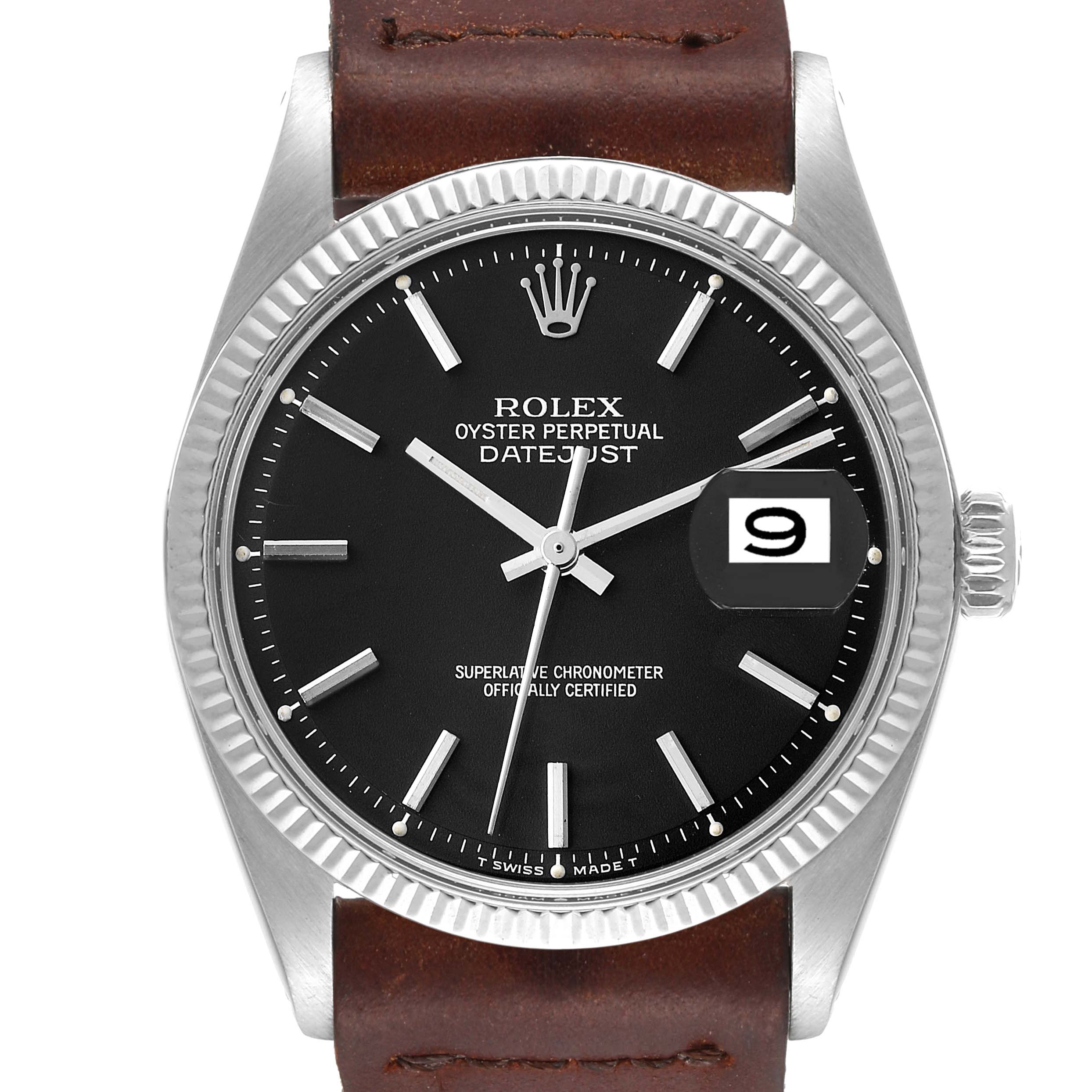 The image shows a close-up, front view of the Rolex Vintage Collection 1601 Men's Stainless Steel Black Dial 1601 Men's Stainless Steel Black Dial Oyster Perpetual Datejust watch with a brown leather strap.