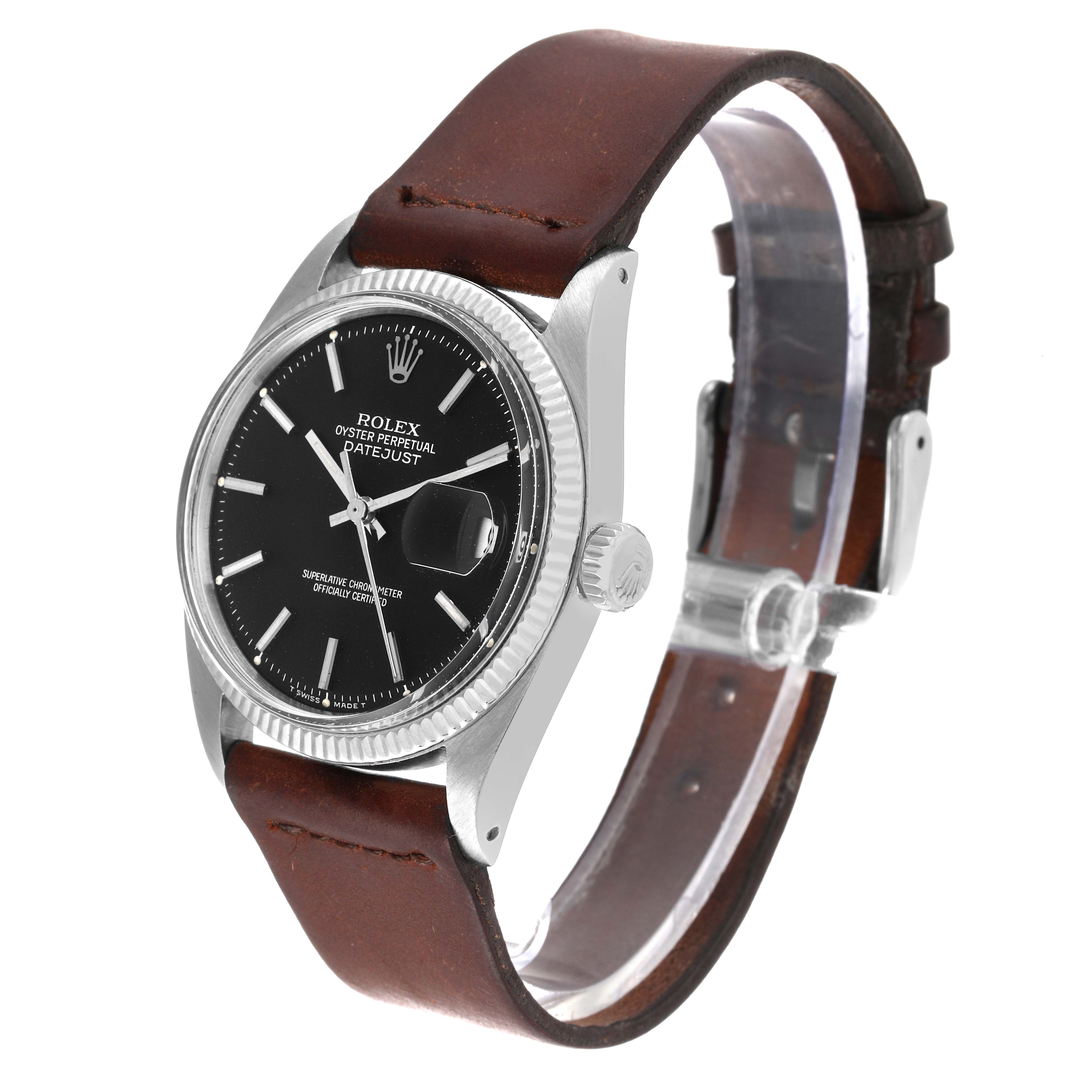 The image shows a side angle and front view of a Rolex Vintage Collection 1601 Men's Stainless Steel Black Dial 1601 Men's Stainless Steel Black Dial model watch with a brown leather strap.