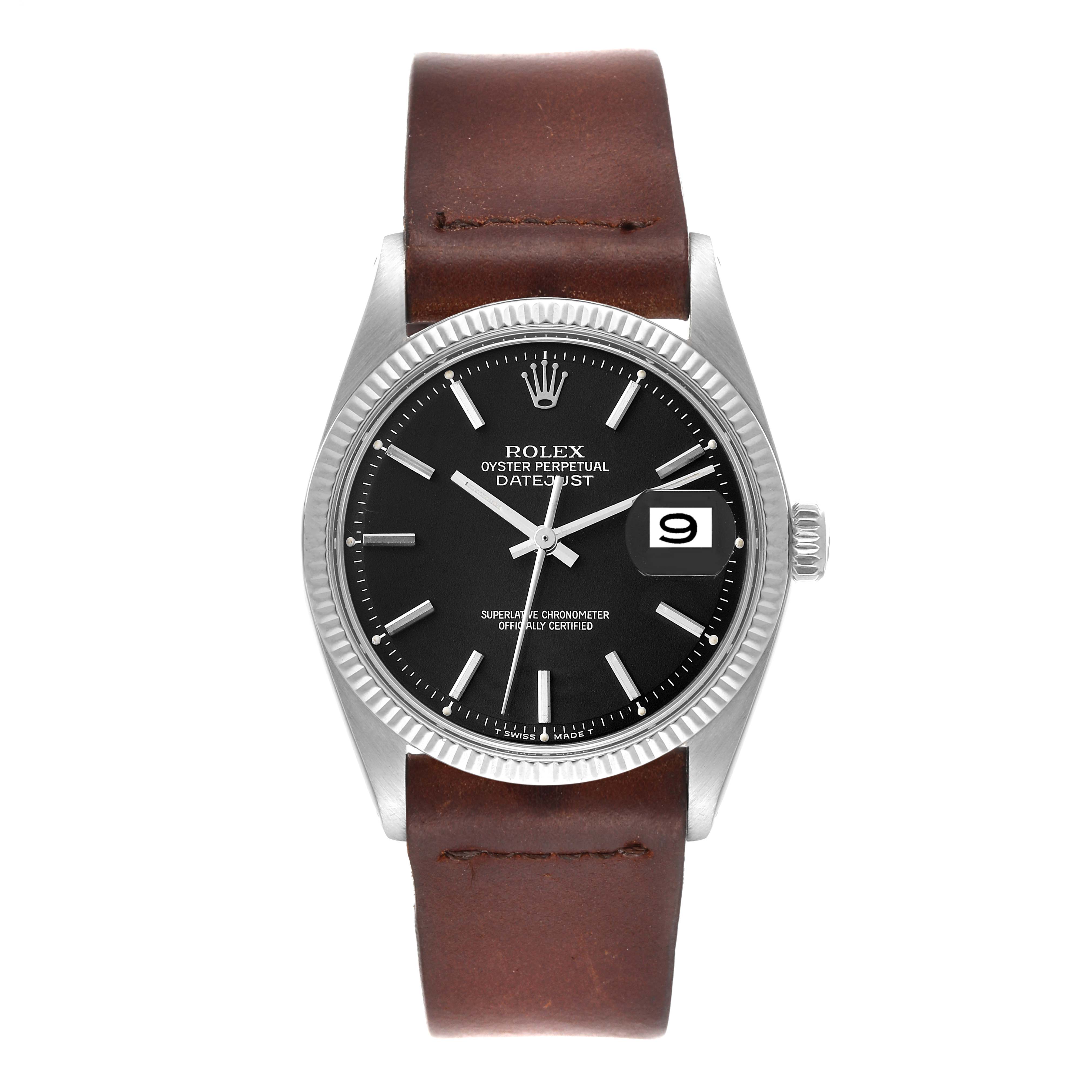 The image shows a front view of the Rolex Vintage Collection 1601 Men's Stainless Steel Black Dial 1601 Men's Stainless Steel Black Dial Oyster Perpetual Datejust watch with a brown leather strap.