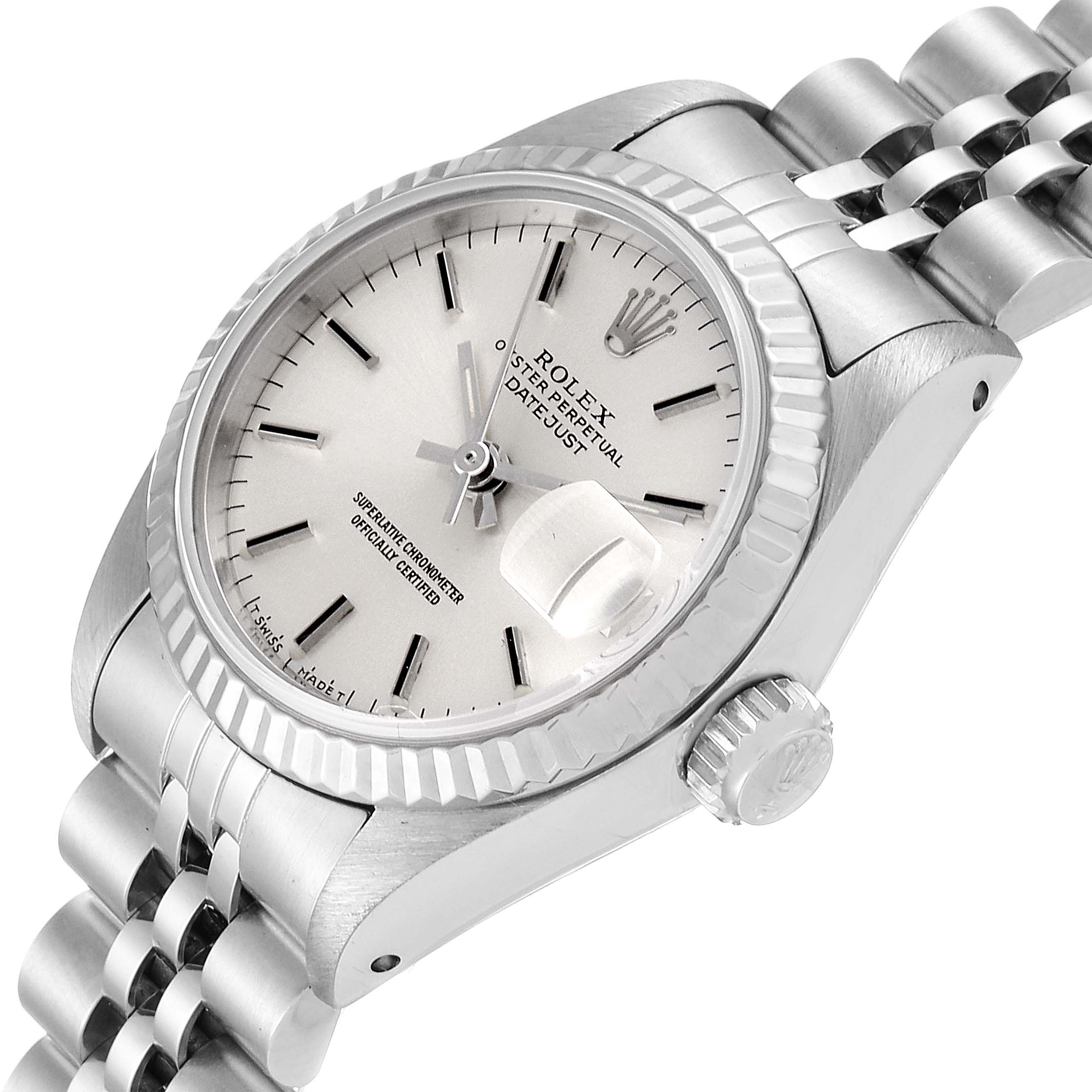 This image shows a Rolex Datejust 69174 Women's Stainless Steel Silver Dial 69174 Women's Stainless Steel Silver Dial watch at an angle, highlighting its face, bezel, and part of the bracelet.