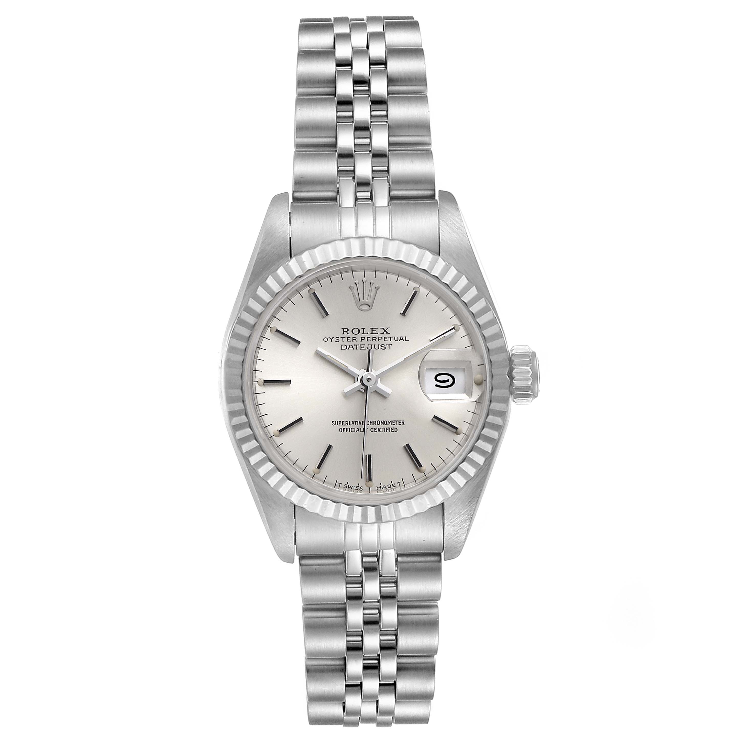 This image shows the front of a Rolex Datejust 69174 Women's Stainless Steel Silver Dial 69174 Women's Stainless Steel Silver Dial watch, including the dial, bezel, crown, and bracelet.