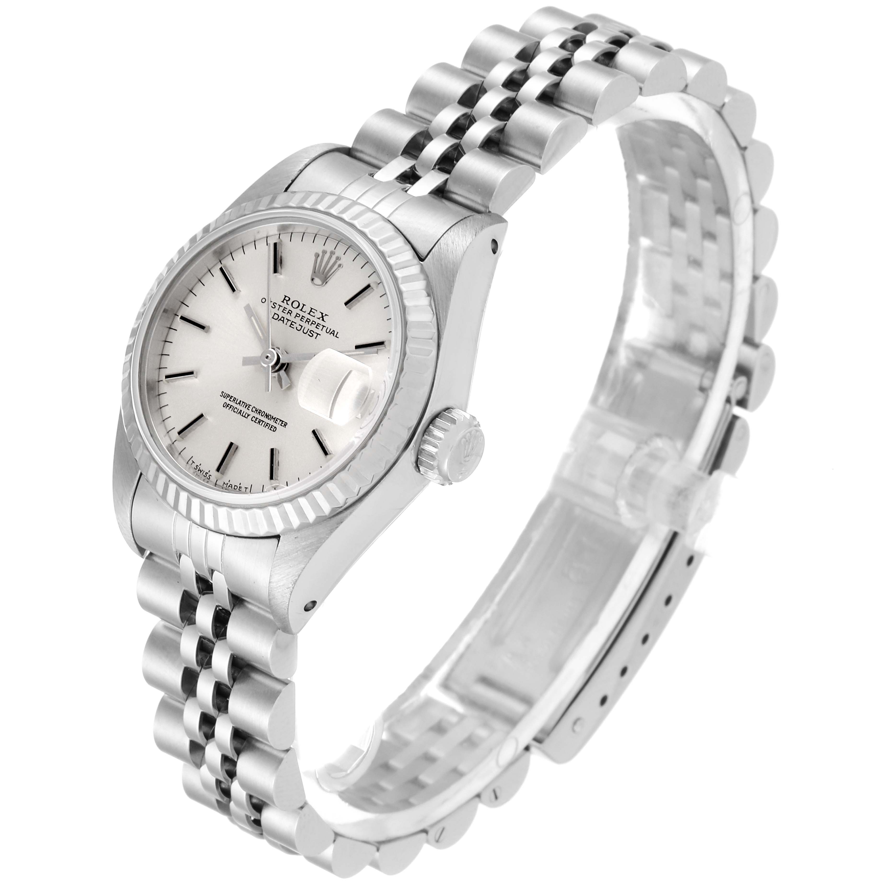 The image shows a Rolex Datejust 69174 Women's Stainless Steel Silver Dial 69174 Women's Stainless Steel Silver Dial watch at a three-quarter angle highlighting the dial, bezel, crown, and jubilee bracelet.
