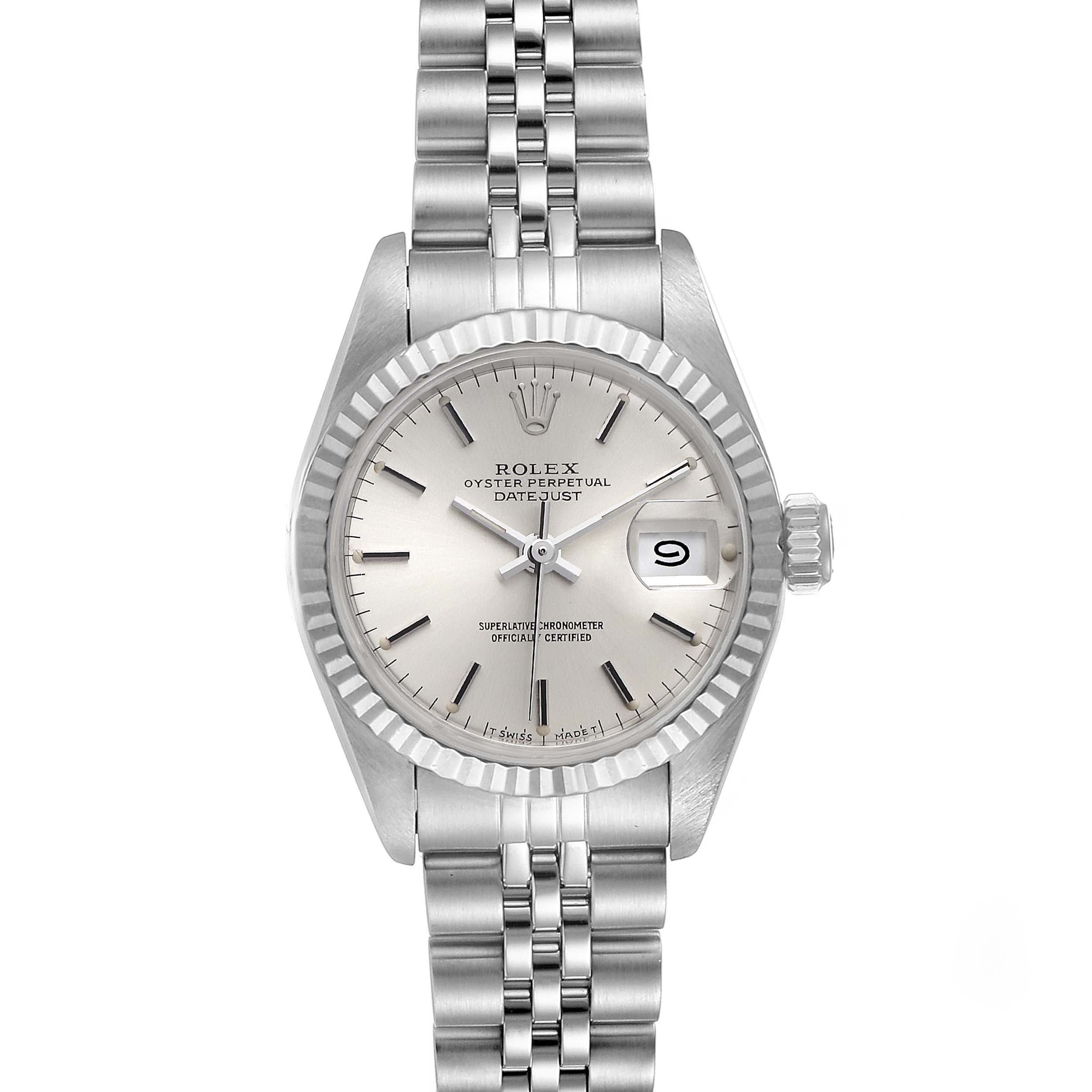 The image shows a frontal view of a Rolex Datejust 69174 Women's Stainless Steel Silver Dial 69174 Women's Stainless Steel Silver Dial watch, displaying the dial, bezel, bracelet, and crown.