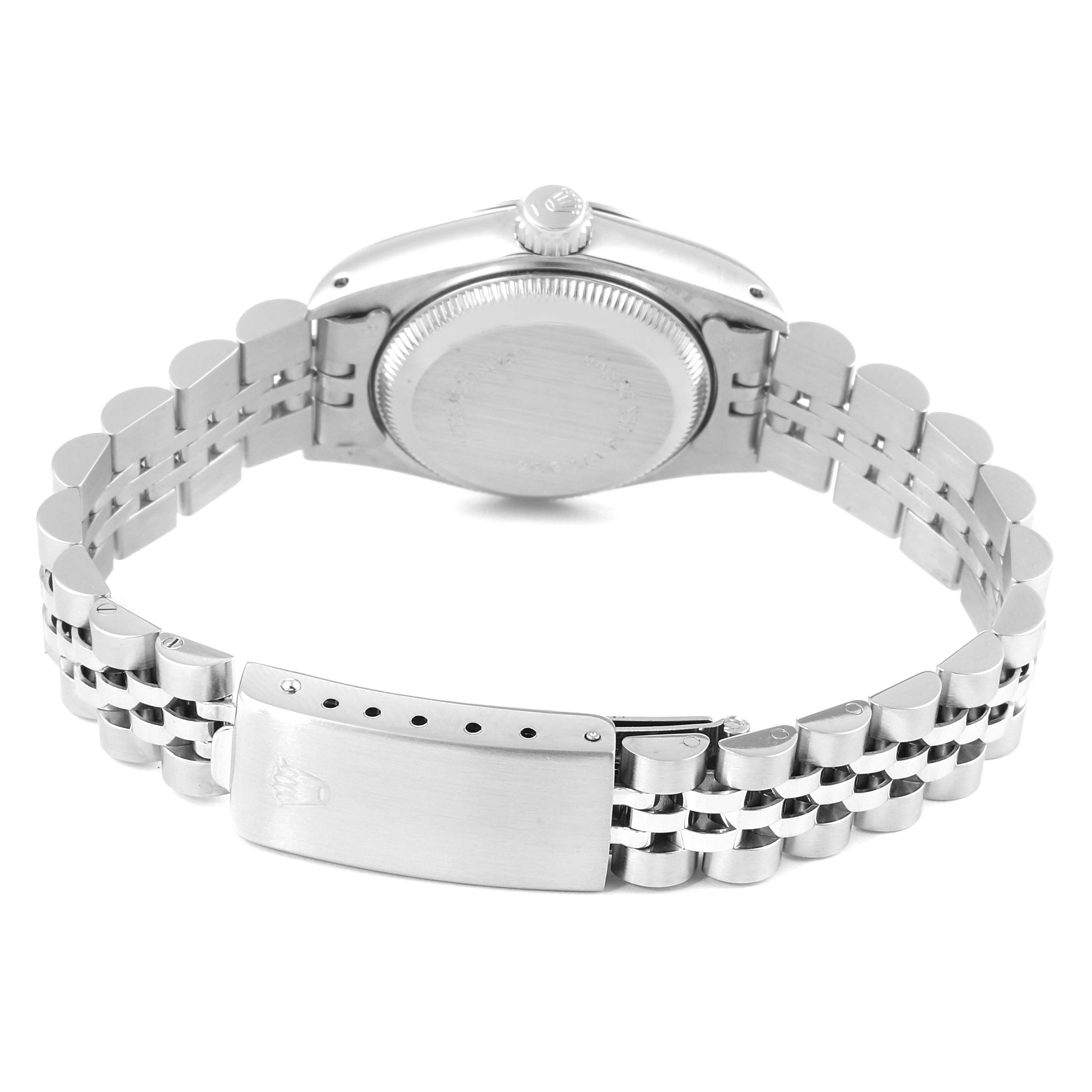 This image shows the backside and clasp of a Rolex Datejust 69174 Women's Stainless Steel Silver Dial 69174 Women's Stainless Steel Silver Dial watch, highlighting the bracelet and case back.