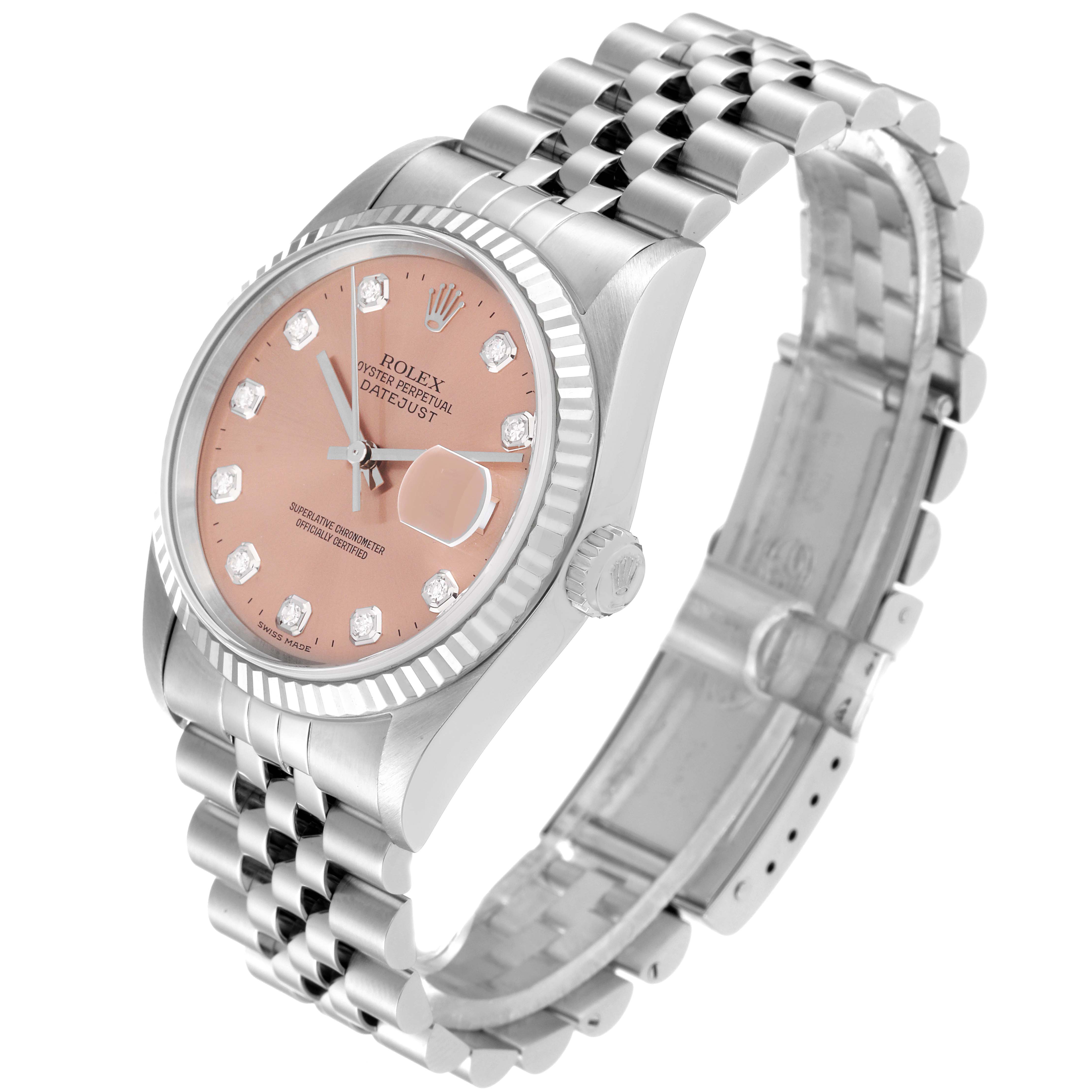 This image shows a Rolex Datejust 16234 Men's Stainless Steel Pink Dial 16234 Men's Stainless Steel Pink Dial watch at an oblique angle, displaying the dial, case, crown, and partially open bracelet.