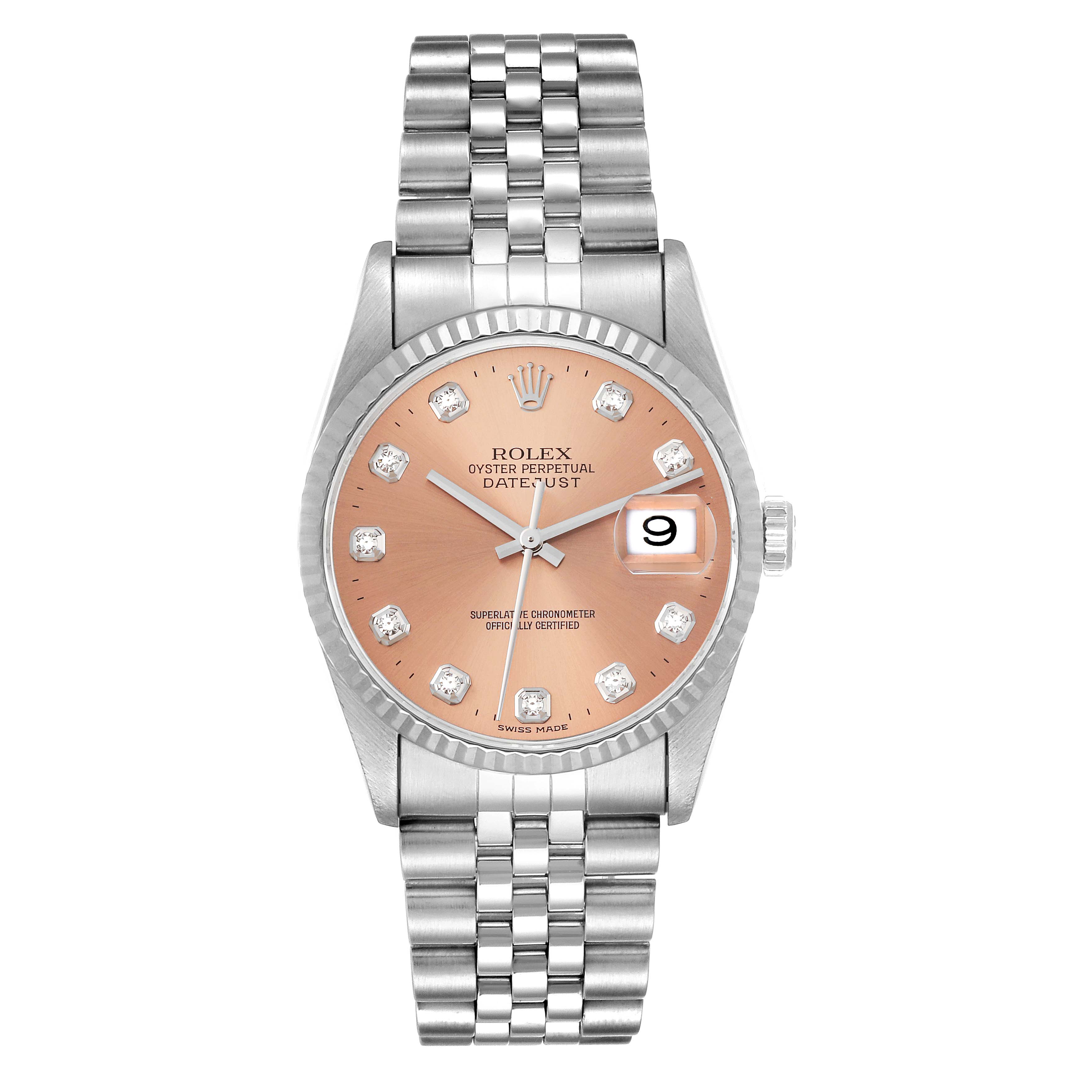 This image shows a front view of the Rolex Datejust 16234 Men's Stainless Steel Pink Dial 16234 Men's Stainless Steel Pink Dial watch, including its face, bracelet, and crown.