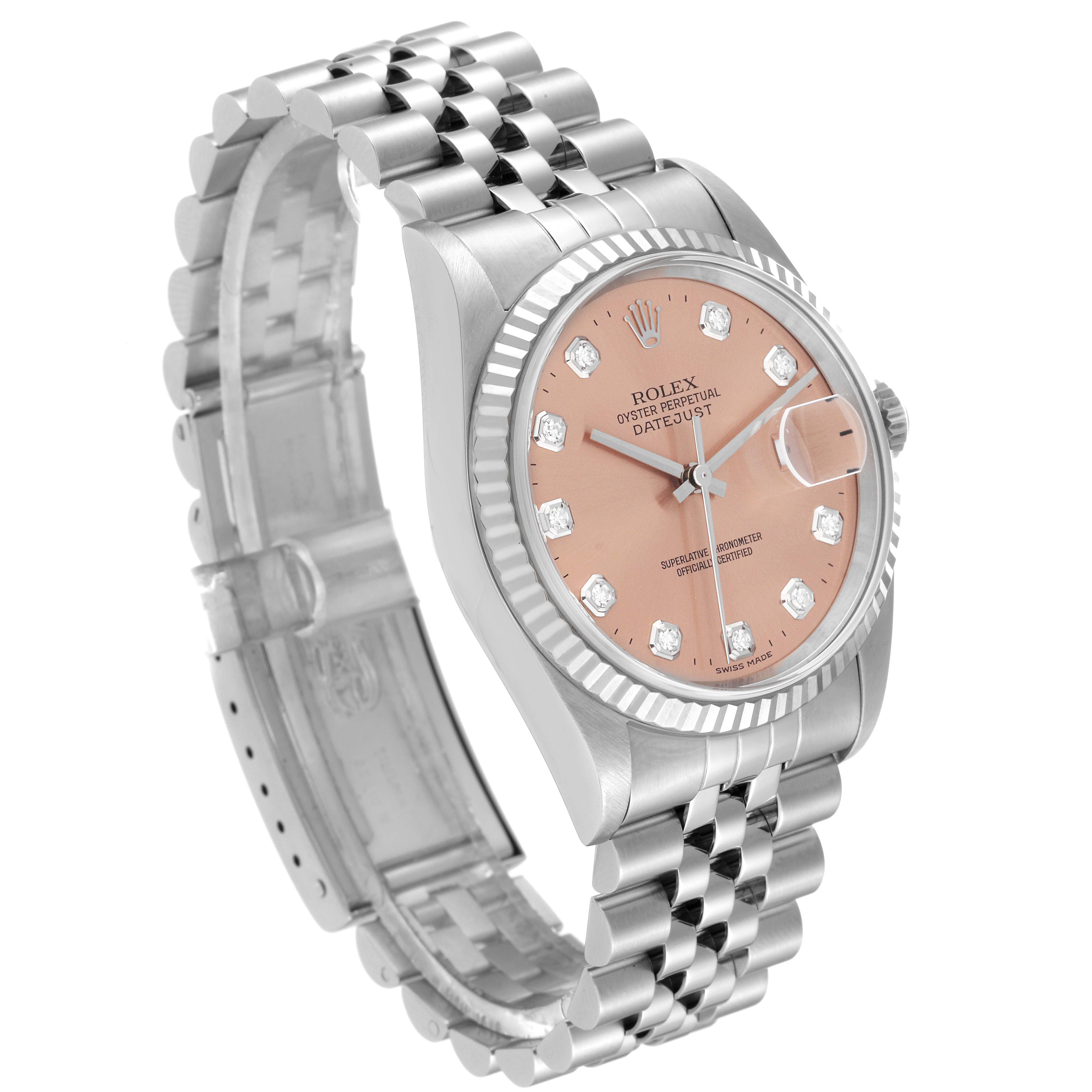 The image shows a side and front angle of the Rolex Datejust 16234 Men's Stainless Steel Pink Dial 16234 Men's Stainless Steel Pink Dial watch, highlighting the dial, bezel, and bracelet.