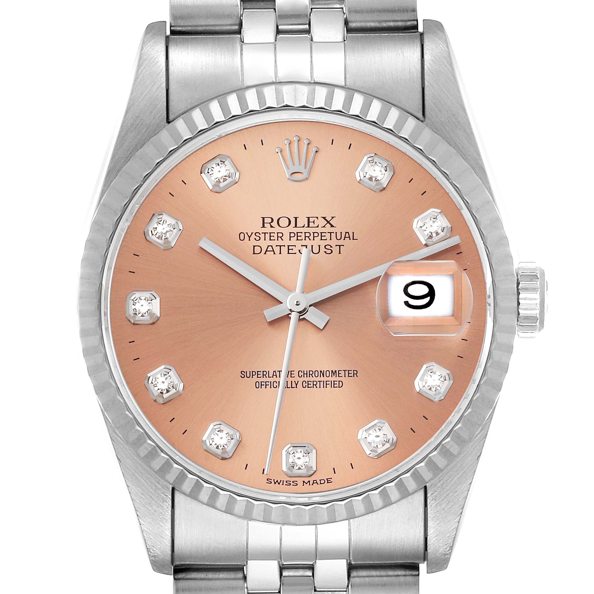 This image shows a frontal view of a Rolex Datejust 16234 Men's Stainless Steel Pink Dial 16234 Men's Stainless Steel Pink Dial watch, featuring a rose gold dial with diamond hour markers.