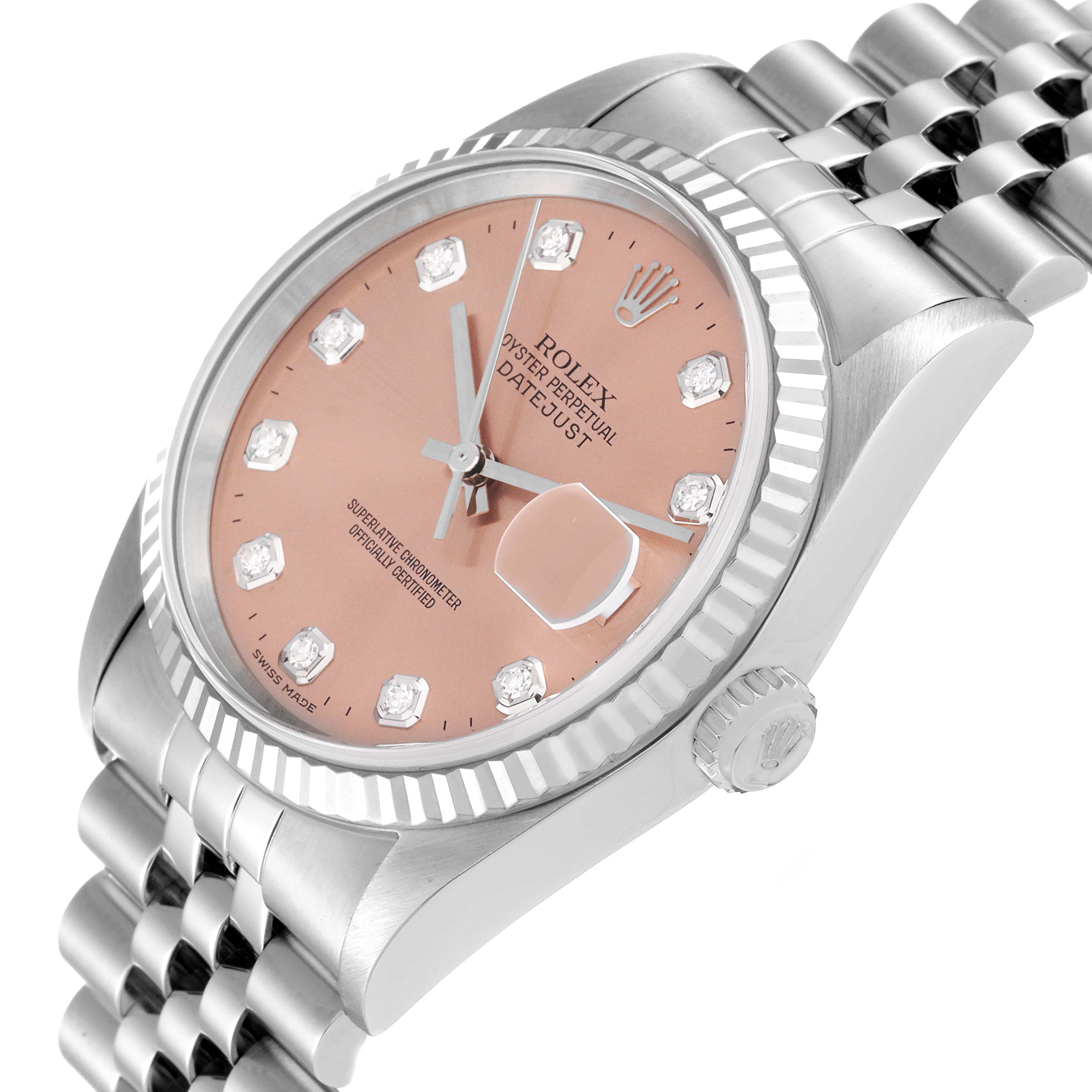 The image shows a Rolex Datejust 16234 Men's Stainless Steel Pink Dial 16234 Men's Stainless Steel Pink Dial model watch angled from the top-left, highlighting the dial, bezel, crown, and part of the bracelet.