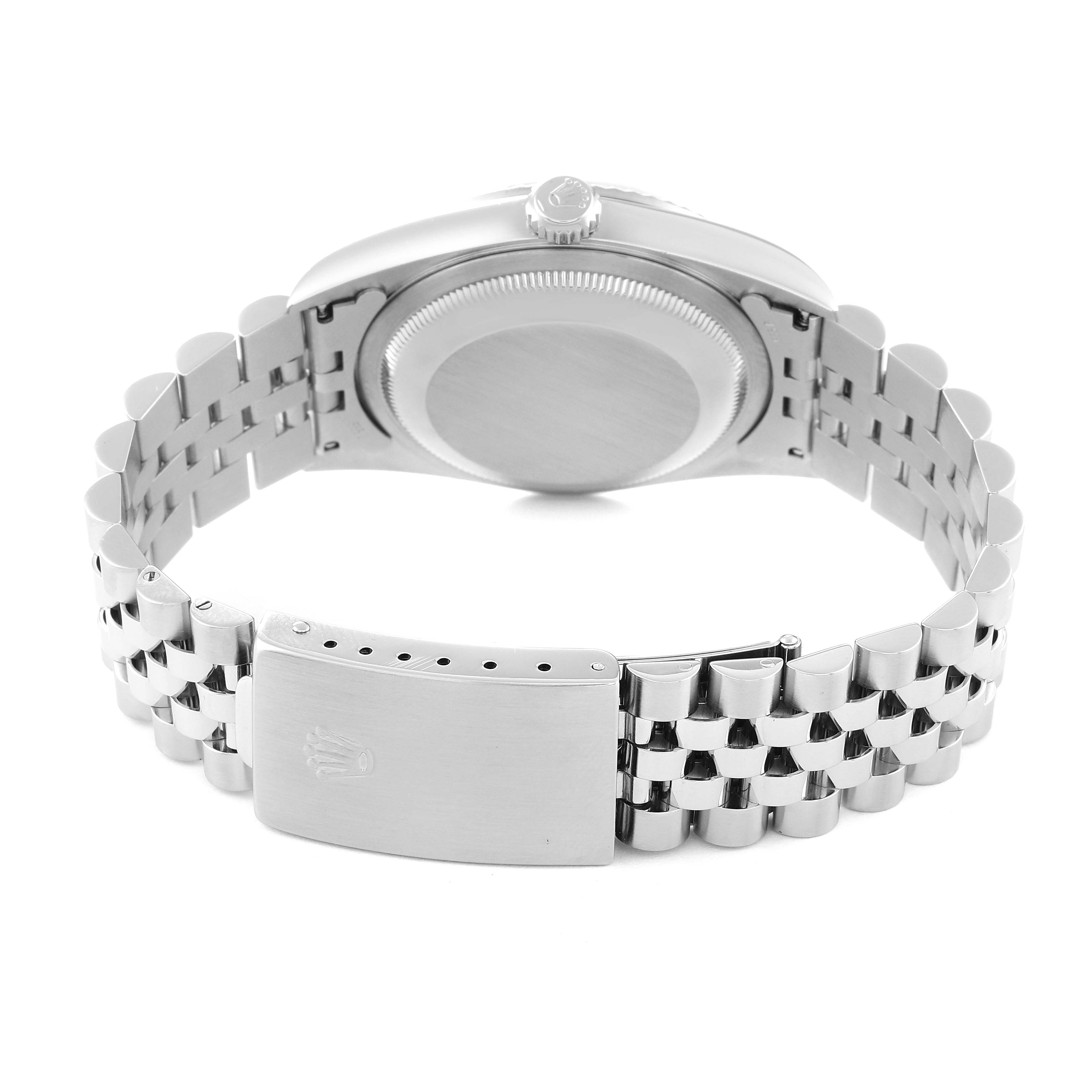 This image shows the back view of a Rolex Datejust 16234 Men's Stainless Steel Pink Dial 16234 Men's Stainless Steel Pink Dial watch, highlighting the case back, crown, and Jubilee bracelet with clasp.