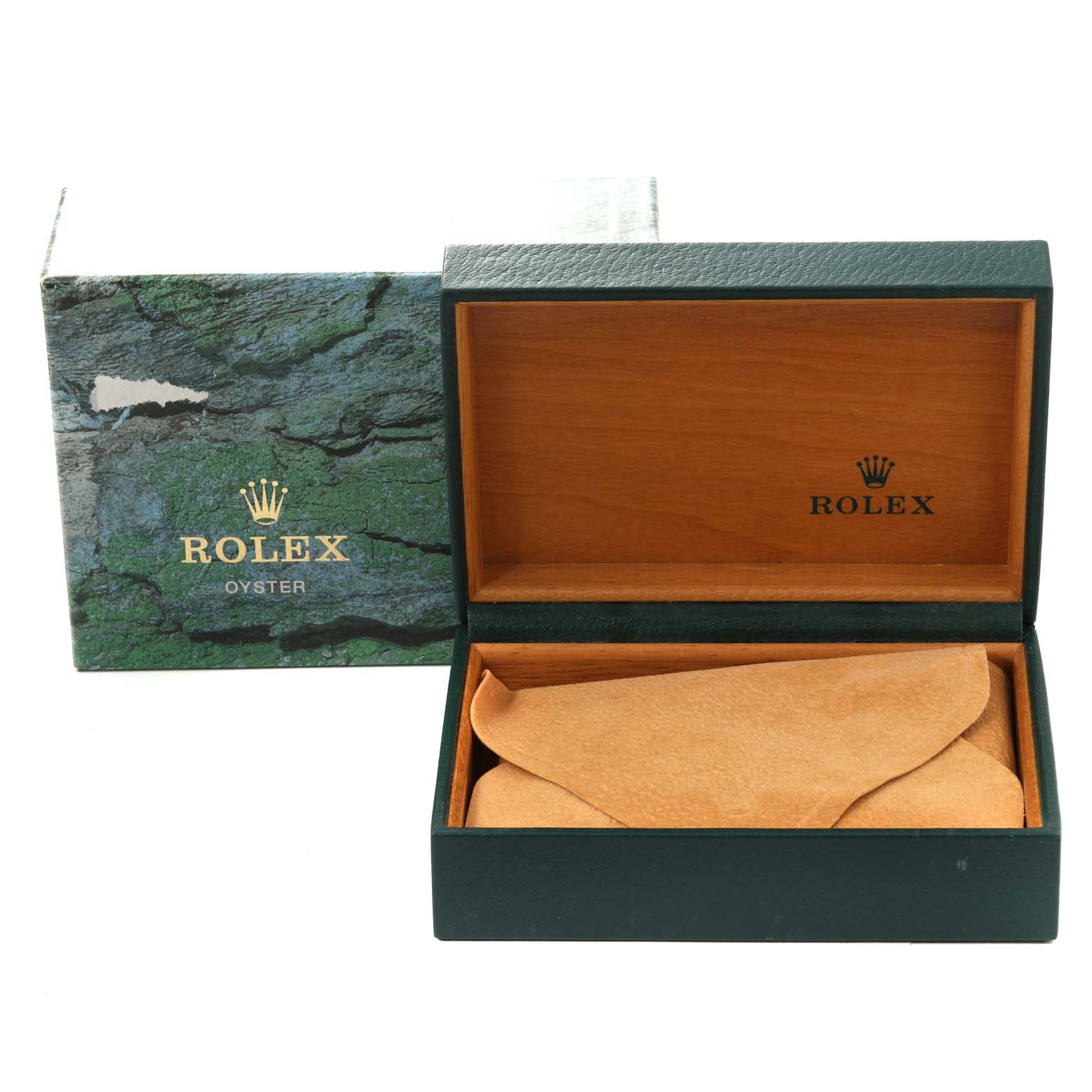 The image shows the opened box and cover of a Rolex Datejust 16234 Men's Stainless Steel Pink Dial 16234 Men's Stainless Steel Pink Dial watch from a front angle.