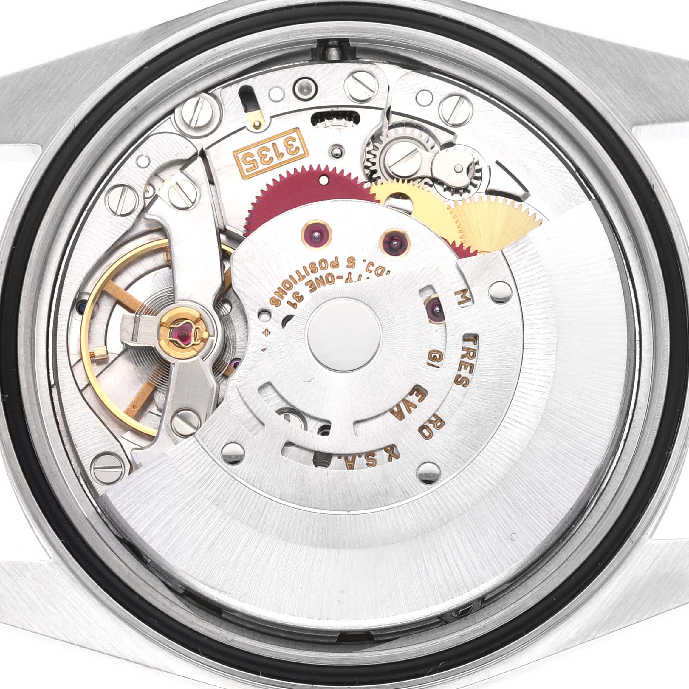 This is the open case back view of a Rolex Datejust 16234 Men's Stainless Steel Pink Dial 16234 Men's Stainless Steel Pink Dial, showing its intricate mechanical movement and gears.