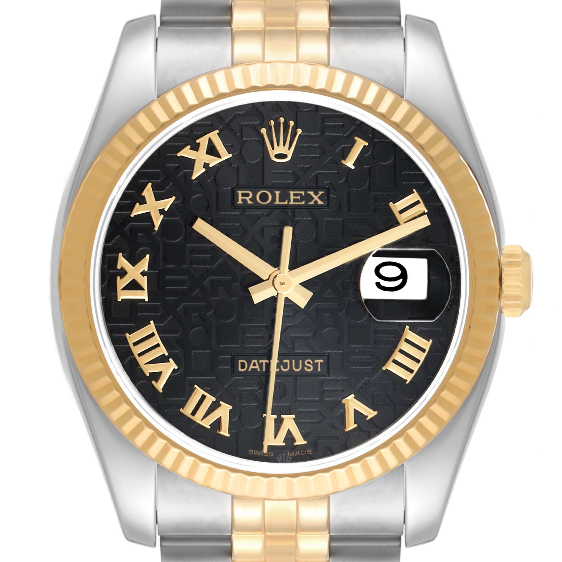 This image shows the front view of a Rolex Datejust 116233 Men's Steel and Gold (two tone) Black Dial 116233 Men's Steel and Gold (two tone) Black Dial watch, highlighting its dial, hands, date window, and bezel.
