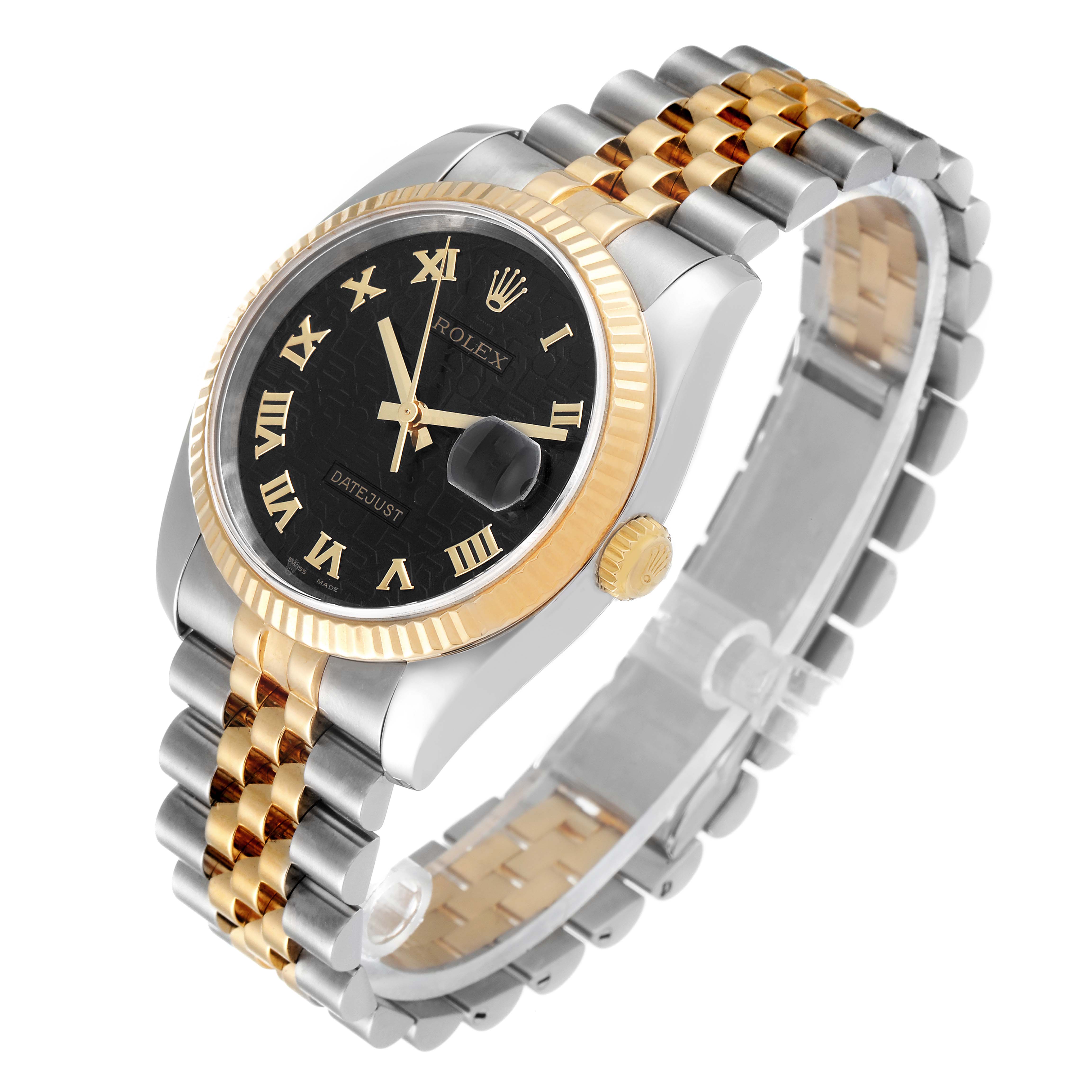 The Rolex Datejust 116233 Men's Steel and Gold (two tone) Black Dial 116233 Men's Steel and Gold (two tone) Black Dial watch is shown from an angled side view, displaying its black dial, gold bezel, and two-tone bracelet.