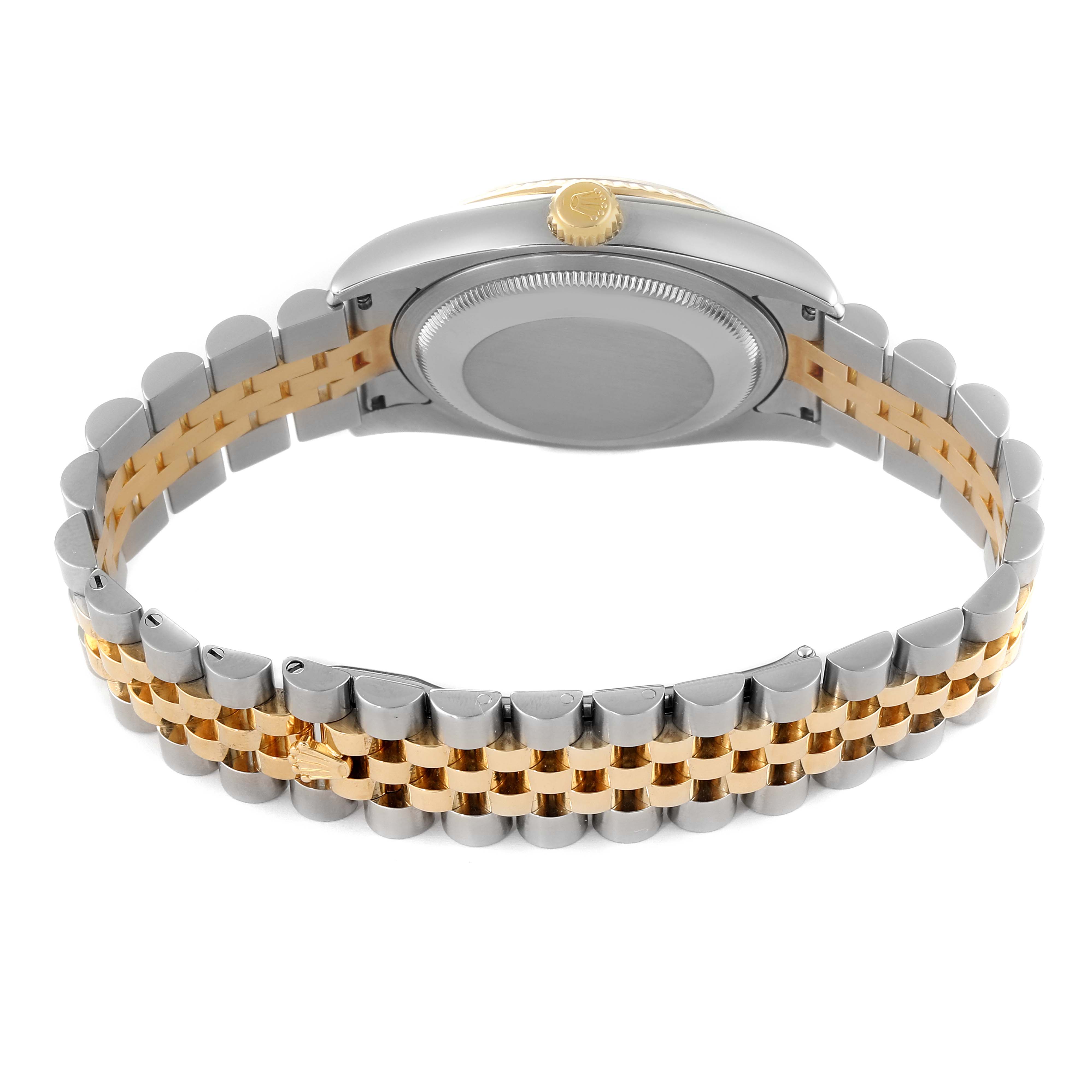 The image shows the back view of a Rolex Datejust 116233 Men's Steel and Gold (two tone) Black Dial 116233 Men's Steel and Gold (two tone) Black Dial watch, highlighting the bracelet and case back.