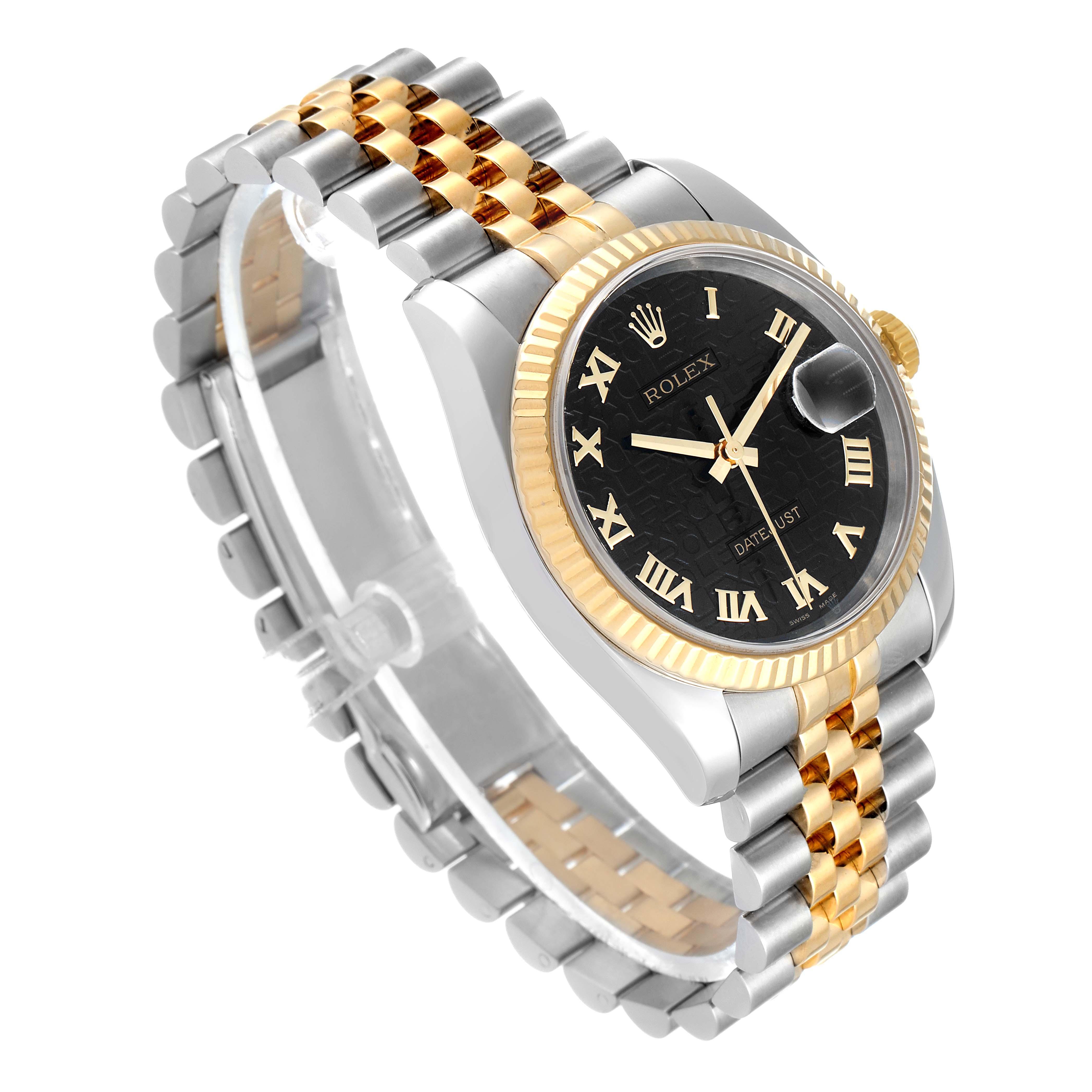 The image shows a Rolex Datejust 116233 Men's Steel and Gold (two tone) Black Dial 116233 Men's Steel and Gold (two tone) Black Dial watch at an angled view, displaying the face, band, bezel, and crown.