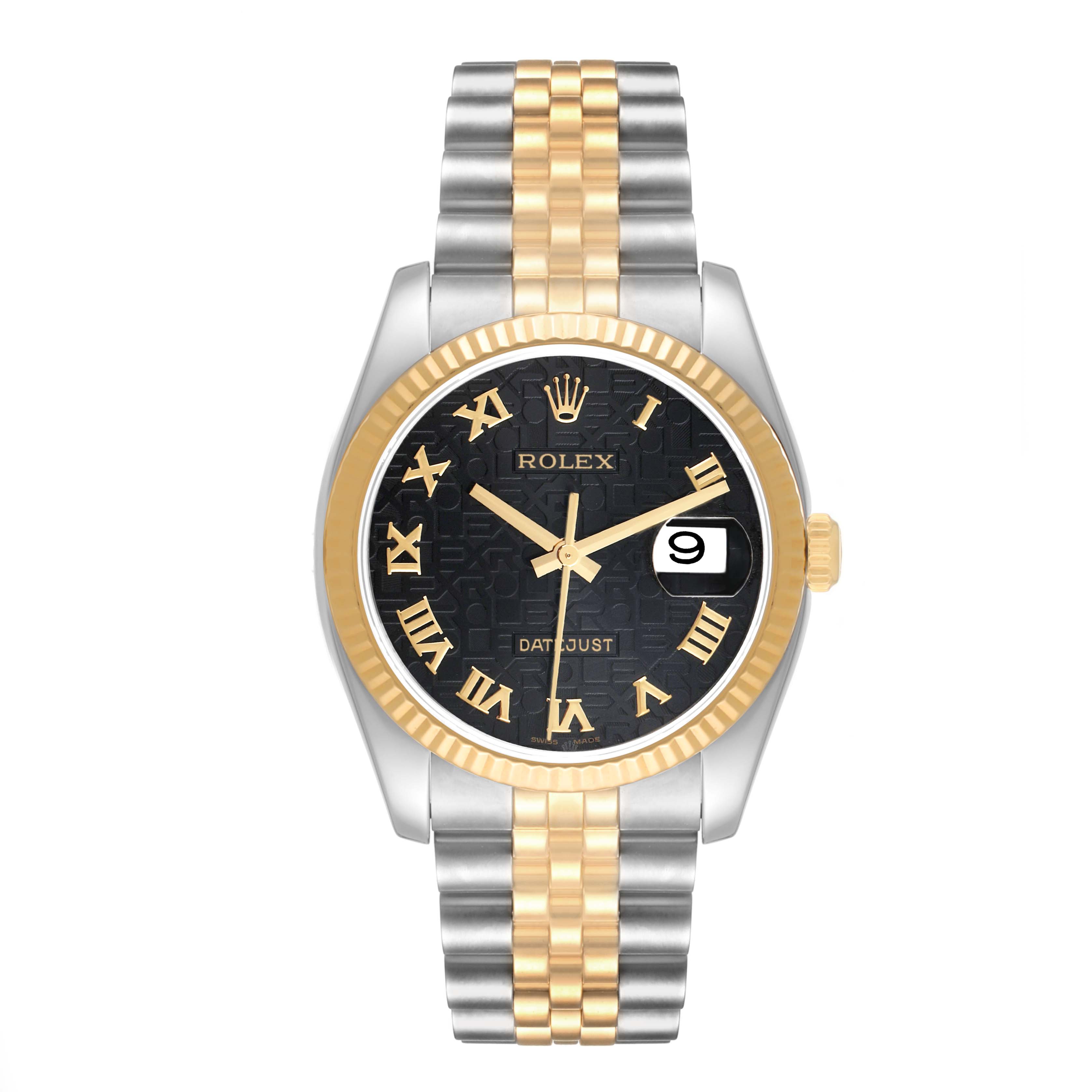 This Rolex Datejust 116233 Men's Steel and Gold (two tone) Black Dial 116233 Men's Steel and Gold (two tone) Black Dial model is shown from a front angle, highlighting the dial, bezel, and bracelet.