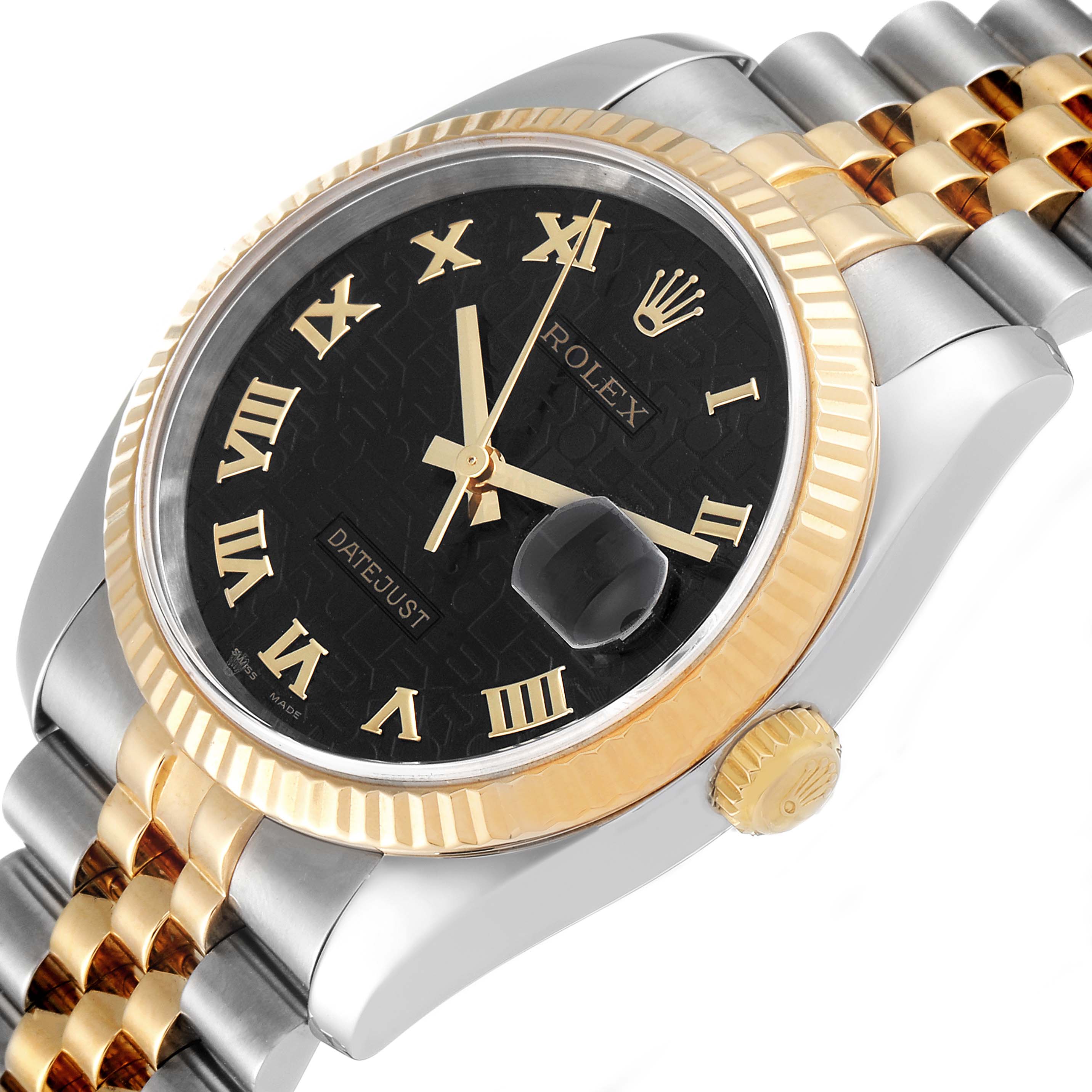 The image shows a close-up of the Rolex Datejust 116233 Men's Steel and Gold (two tone) Black Dial 116233 Men's Steel and Gold (two tone) Black Dial watch with a black dial, gold Roman numerals, and a two-tone metal bracelet.