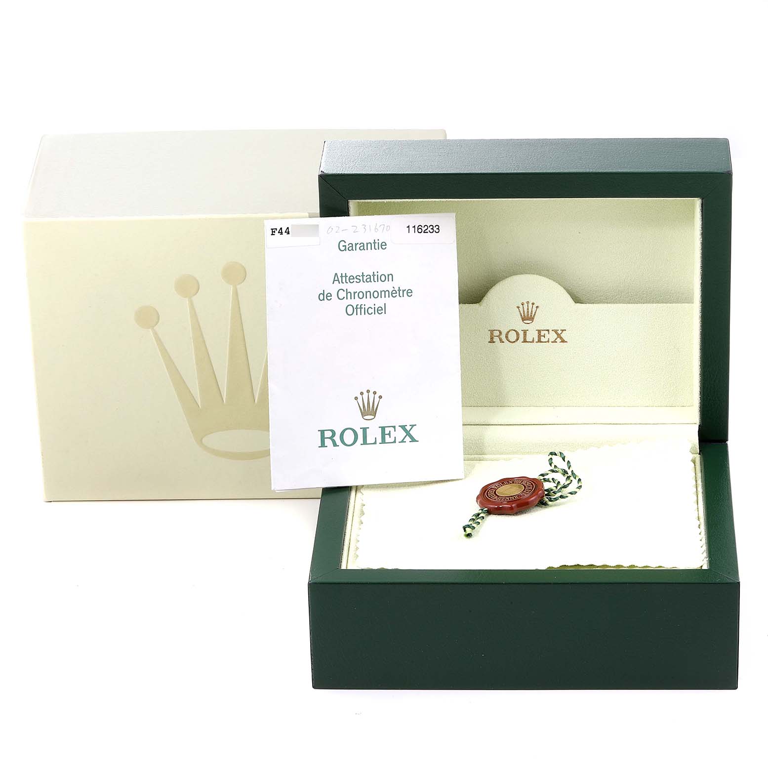 The image shows the packaging and certification documents for the Rolex Datejust 116233 Men's Steel and Gold (two tone) Black Dial 116233 Men's Steel and Gold (two tone) Black Dial watch.