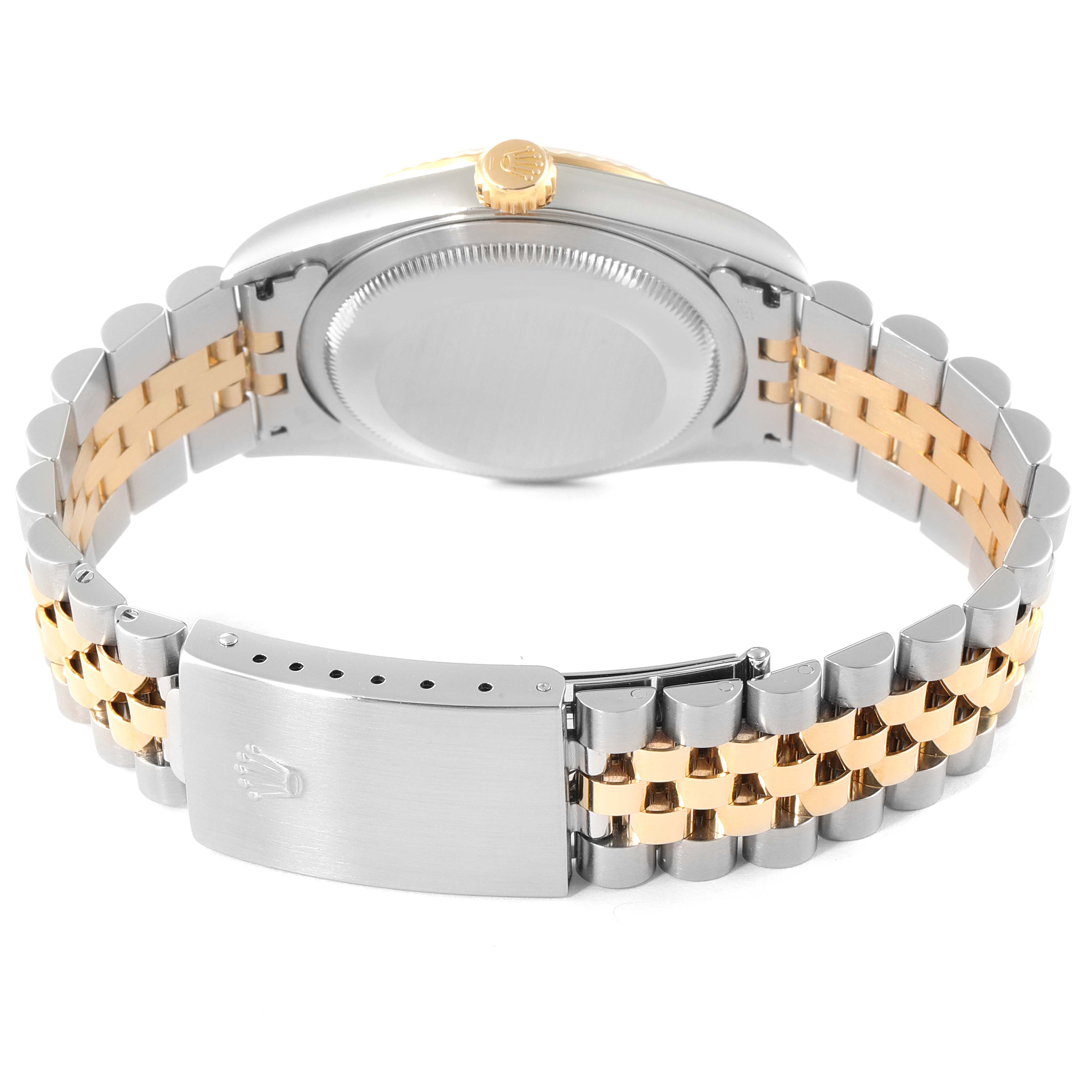 This is a rear view of a Rolex Datejust 16233 Men's Steel and Gold (two tone) Black Dial 16233 Men's Steel and Gold (two tone) Black Dial watch, showing its case back, gold crown, and two-tone jubilee bracelet with clasp.