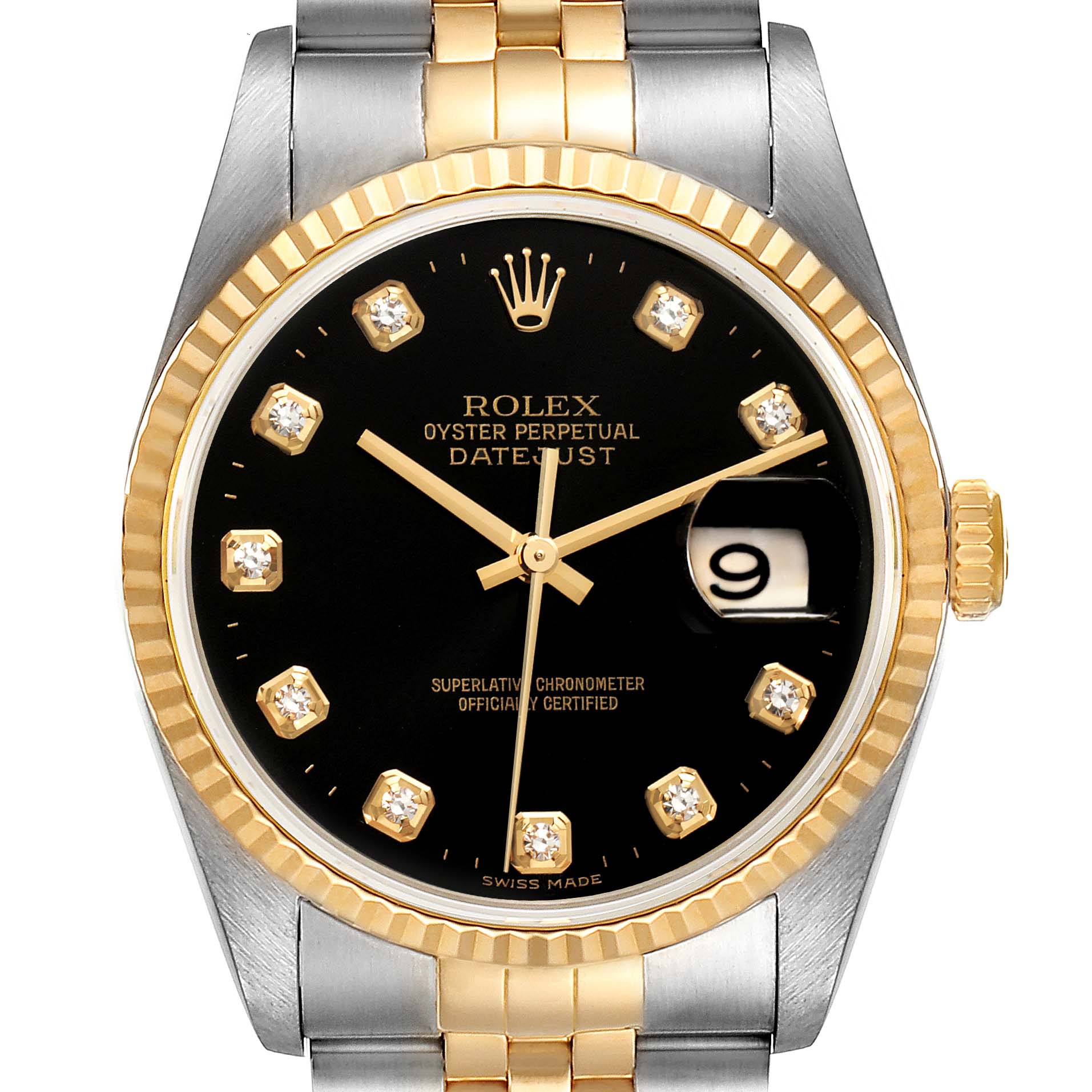 The Rolex Datejust 16233 Men's Steel and Gold (two tone) Black Dial 16233 Men's Steel and Gold (two tone) Black Dial watch is shown from a front angle, displaying the face, bezel, crown, and part of the bracelet.